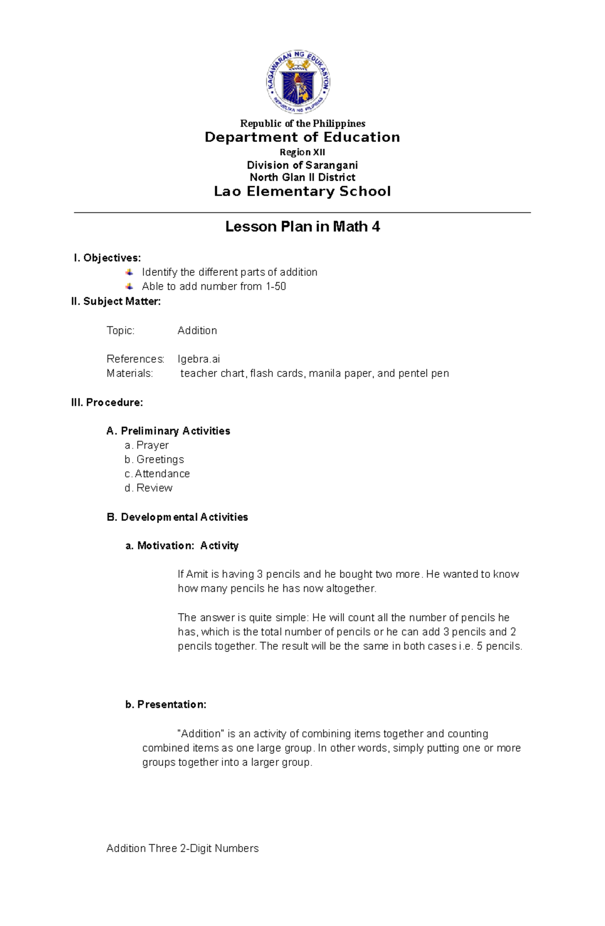 Semi Detailed Lesson Plan Addition Republic Of The Philippines Department Of Education Region 0204