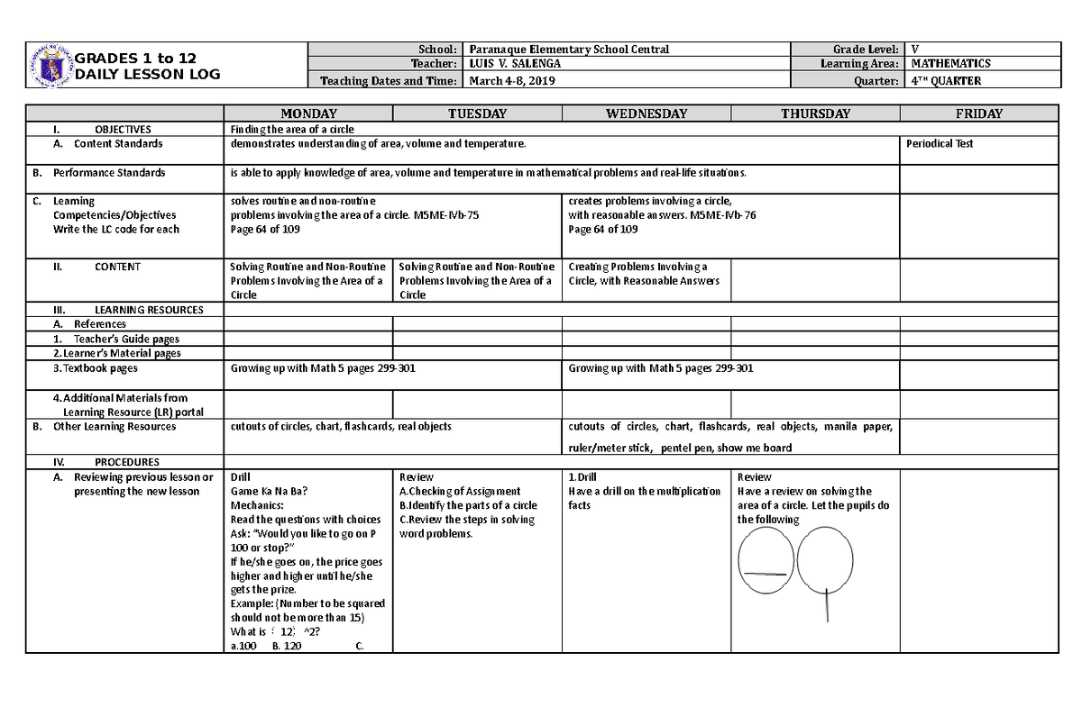 DLL Mathematics 5 Q4 W2 - GRADES 1 to 12 DAILY LESSON LOG School ...