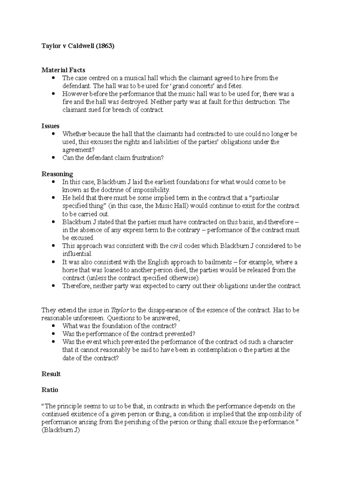 Taylor v Caldwell - case summary for contracts b - Taylor v Caldwell ...