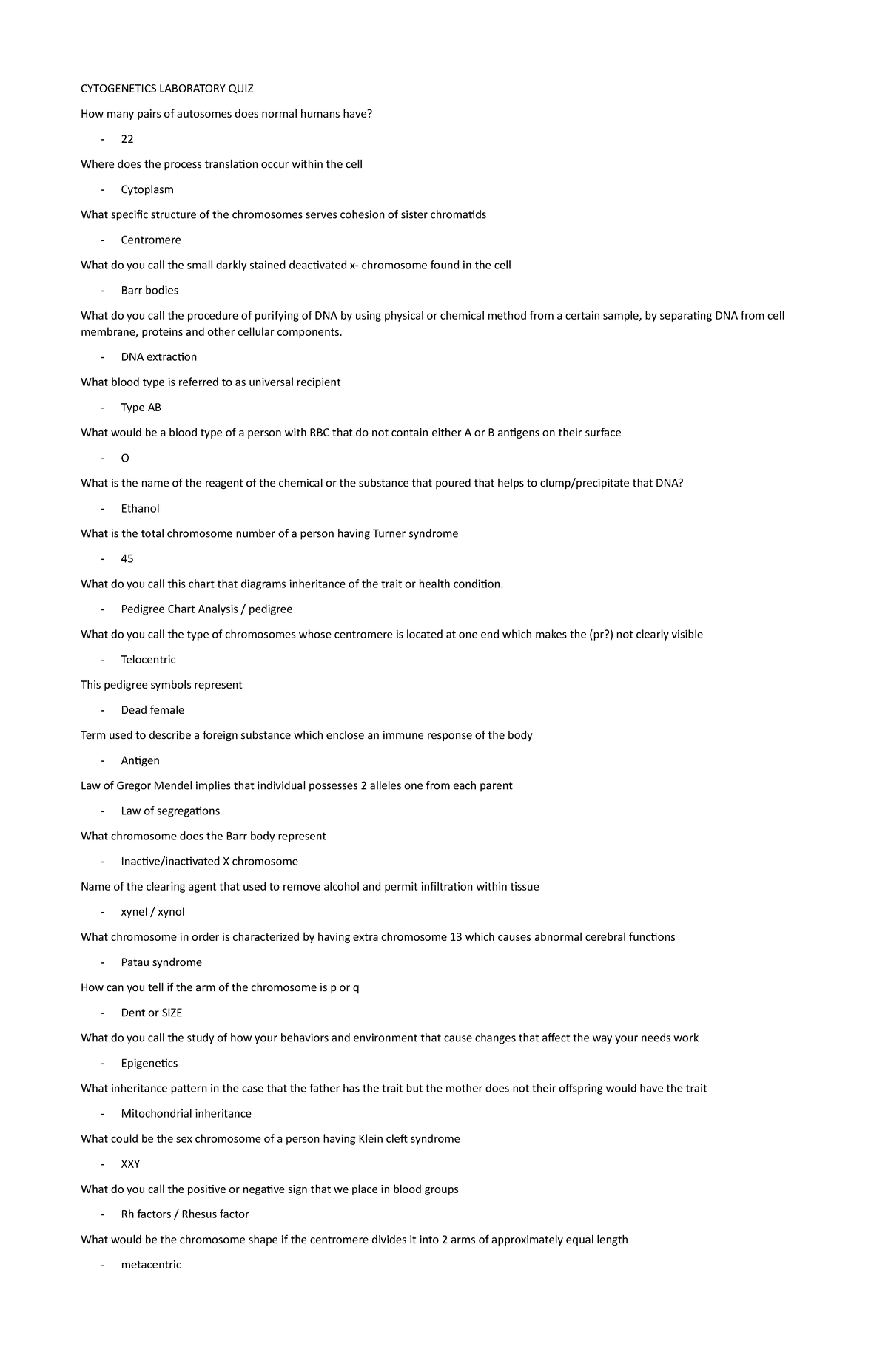 Cytogenetics- Laboratory-QUIZ - CYTOGENETICS LABORATORY QUIZ How many ...