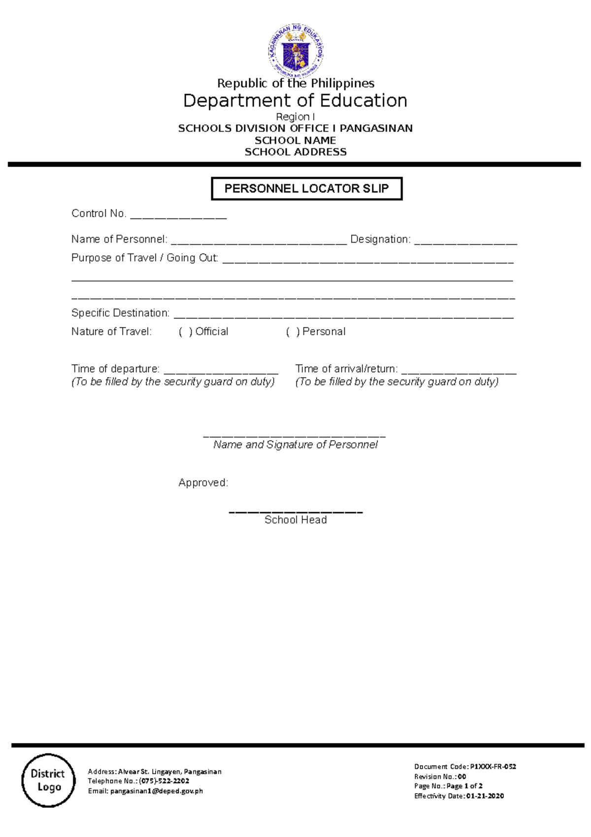P1AGUFR052 Personnel Locator SLIP Republic of the Philippines