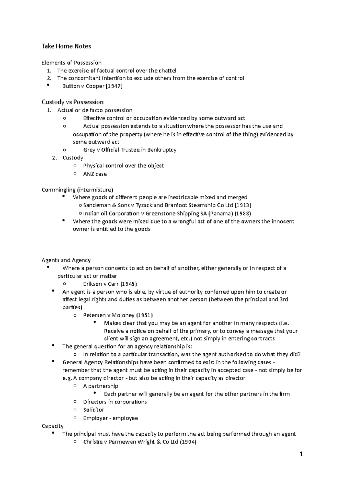 Commercial law take home notes - Take Home Notes Elements of Possession ...