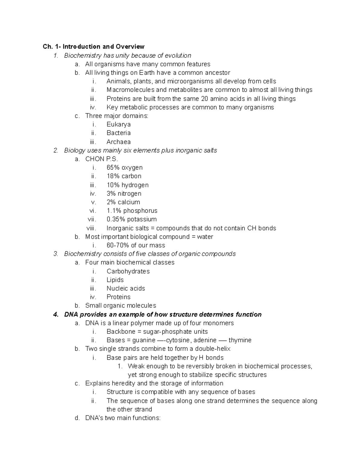 Exam 1 Study Guide - Ch. 1- Introduction And Overview 1. Biochemistry ...