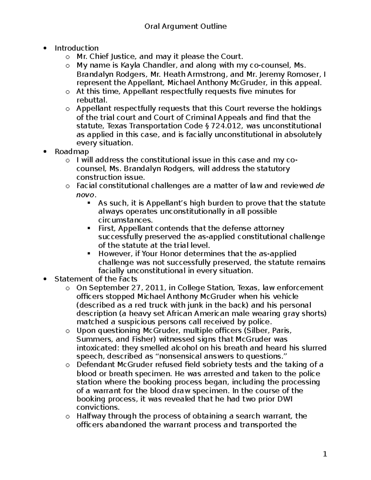Oral Argument Outline Introduction o Mr Chief Justice and may it