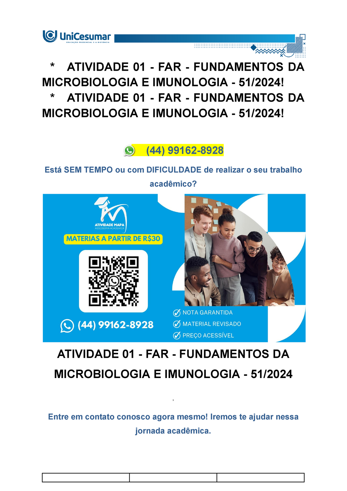 ATIVIDADE 01 - FAR - FUNDAMENTOS DA MICROBIOLOGIA E IMUNOLOGIA - 51/ ...