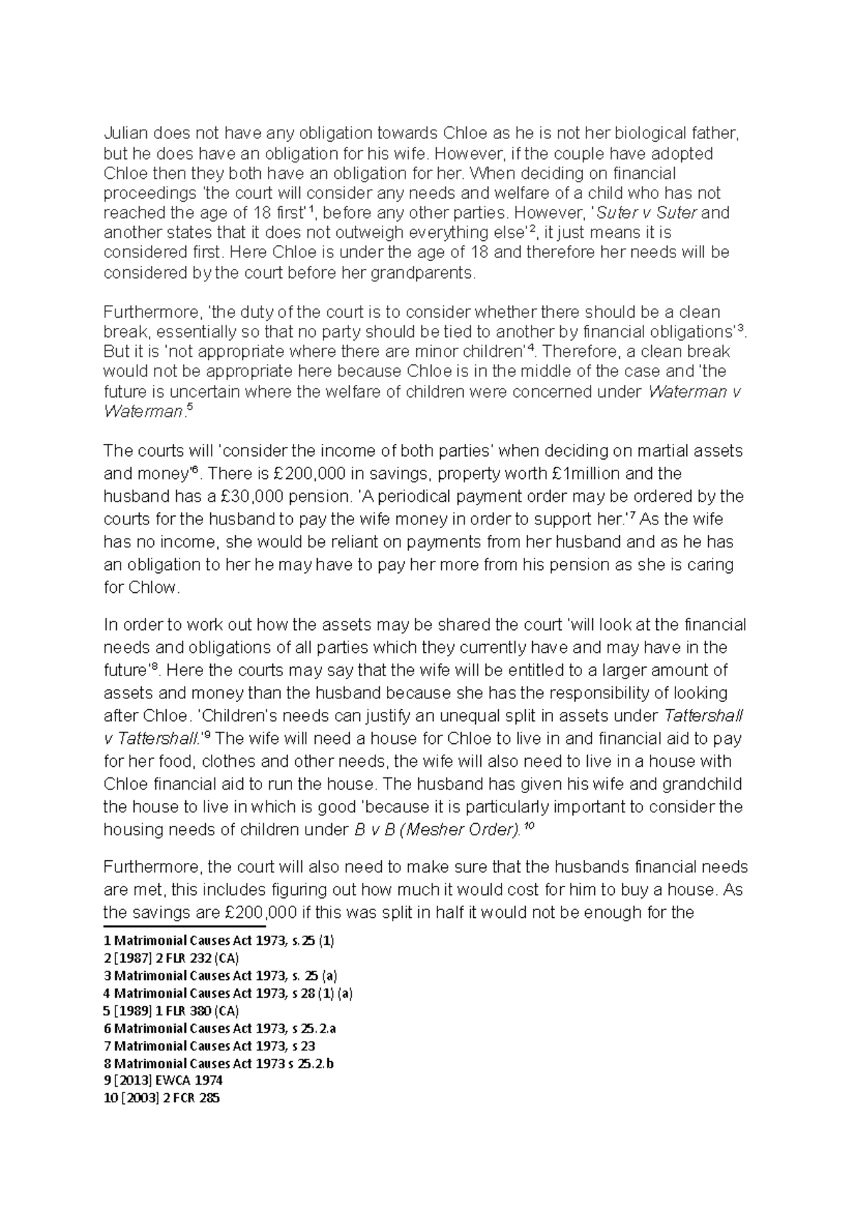 FW Final A Practice finance answer for family law, grade received was