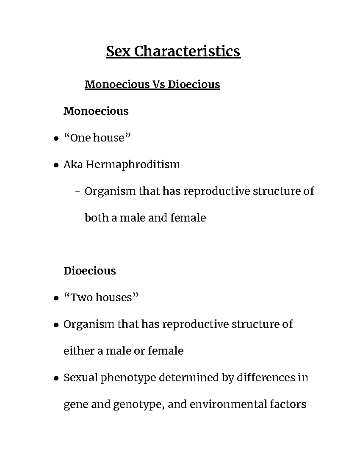 Bio311determination Sex Determination And Characteristics Sex Characteristics Monoecious Vs 