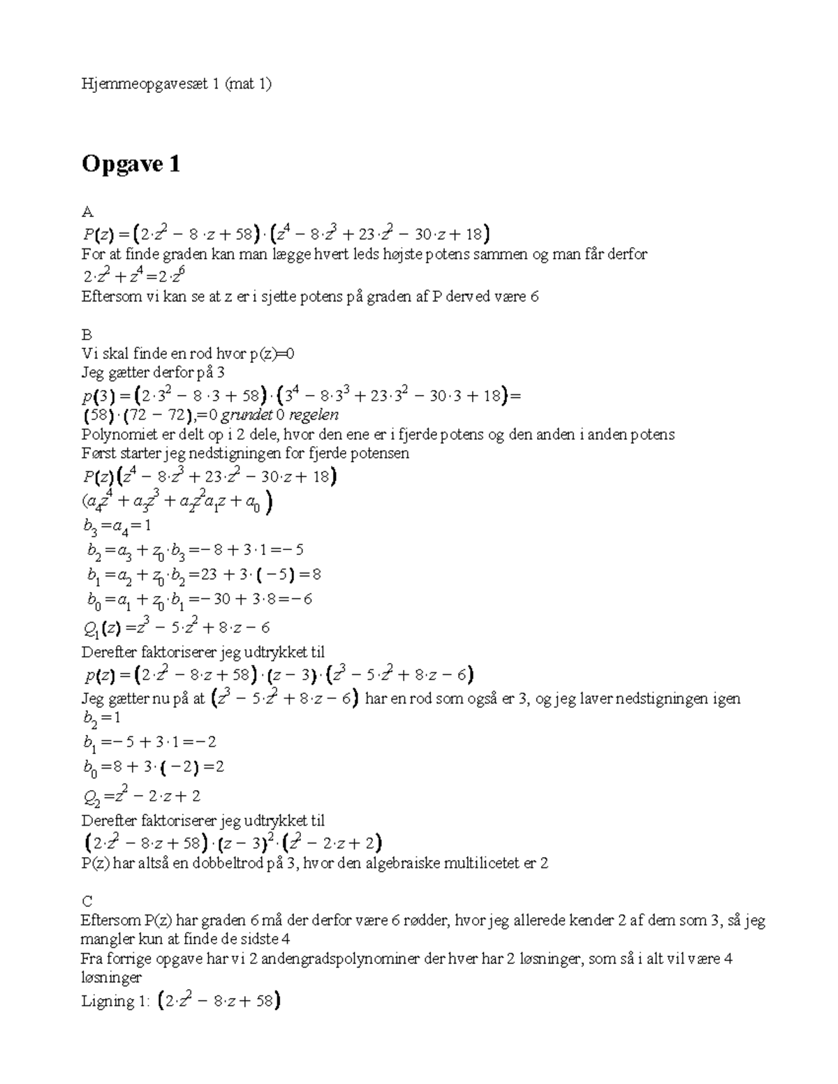 Hjemmeopgave 1 Mat 1 Skema B - Hjemmeopgavesæt 1 (mat 1) Opgave 1 A P Z ...