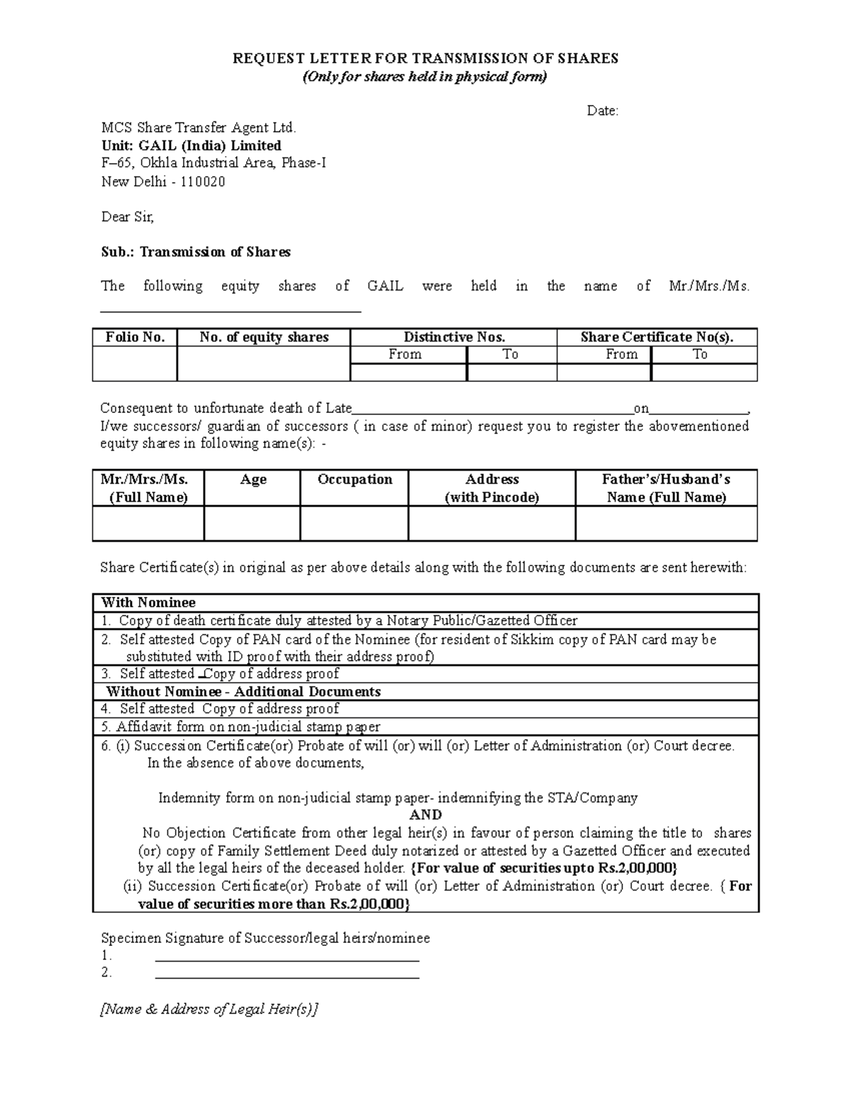 application letter for transfer of share certificate