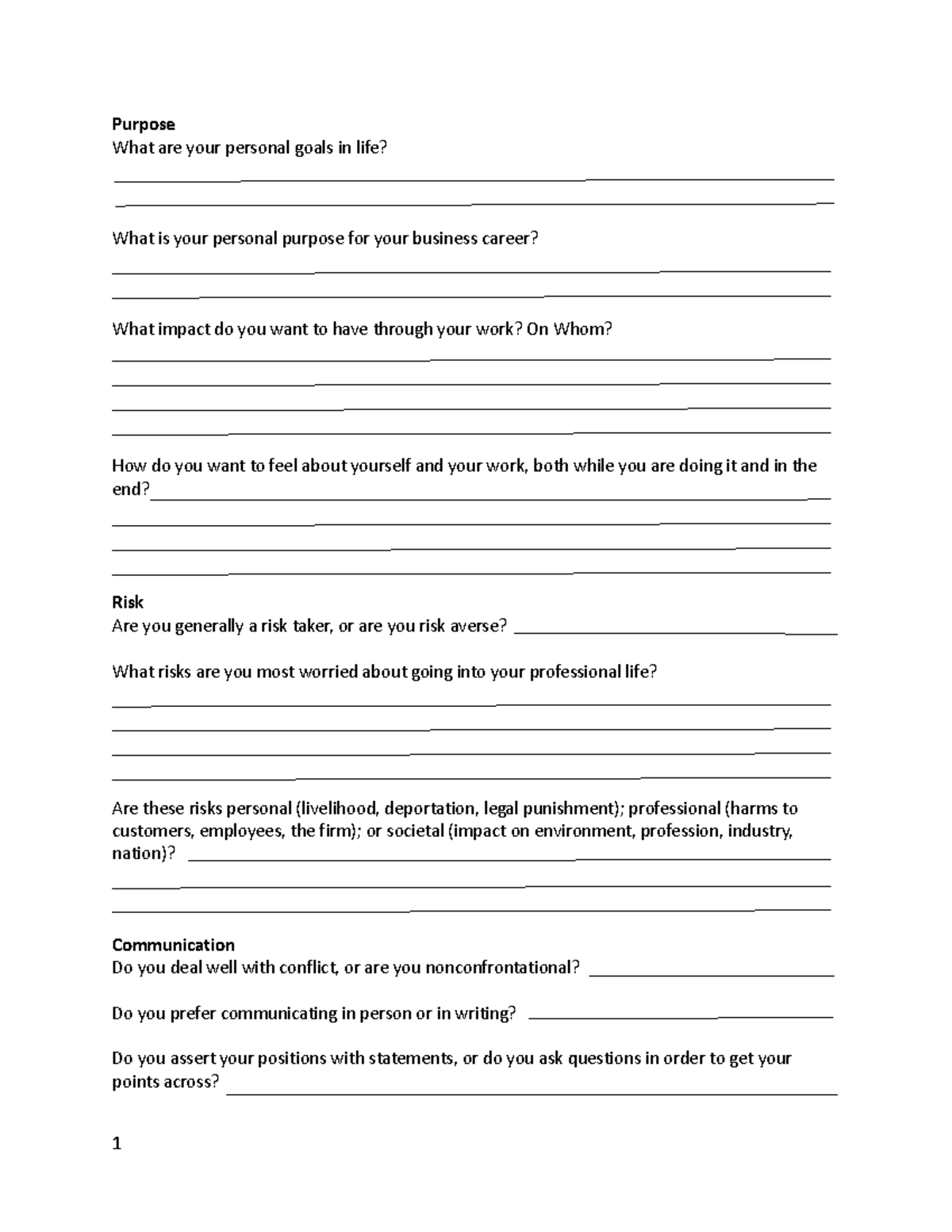 Class 4 Self Assessment Form - Purpose What are your personal goals in ...