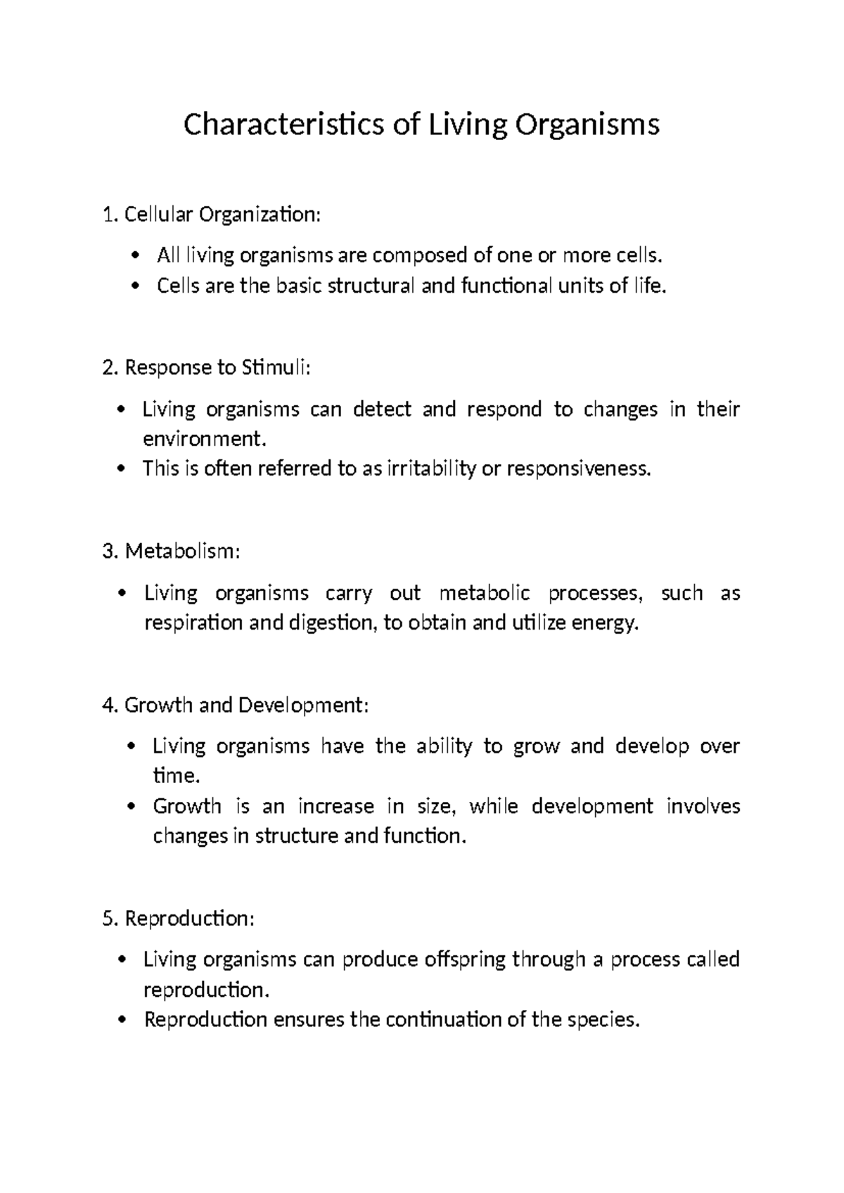 Biology 1 2 and 3 chapters notes - Characteristics of Living Organisms ...