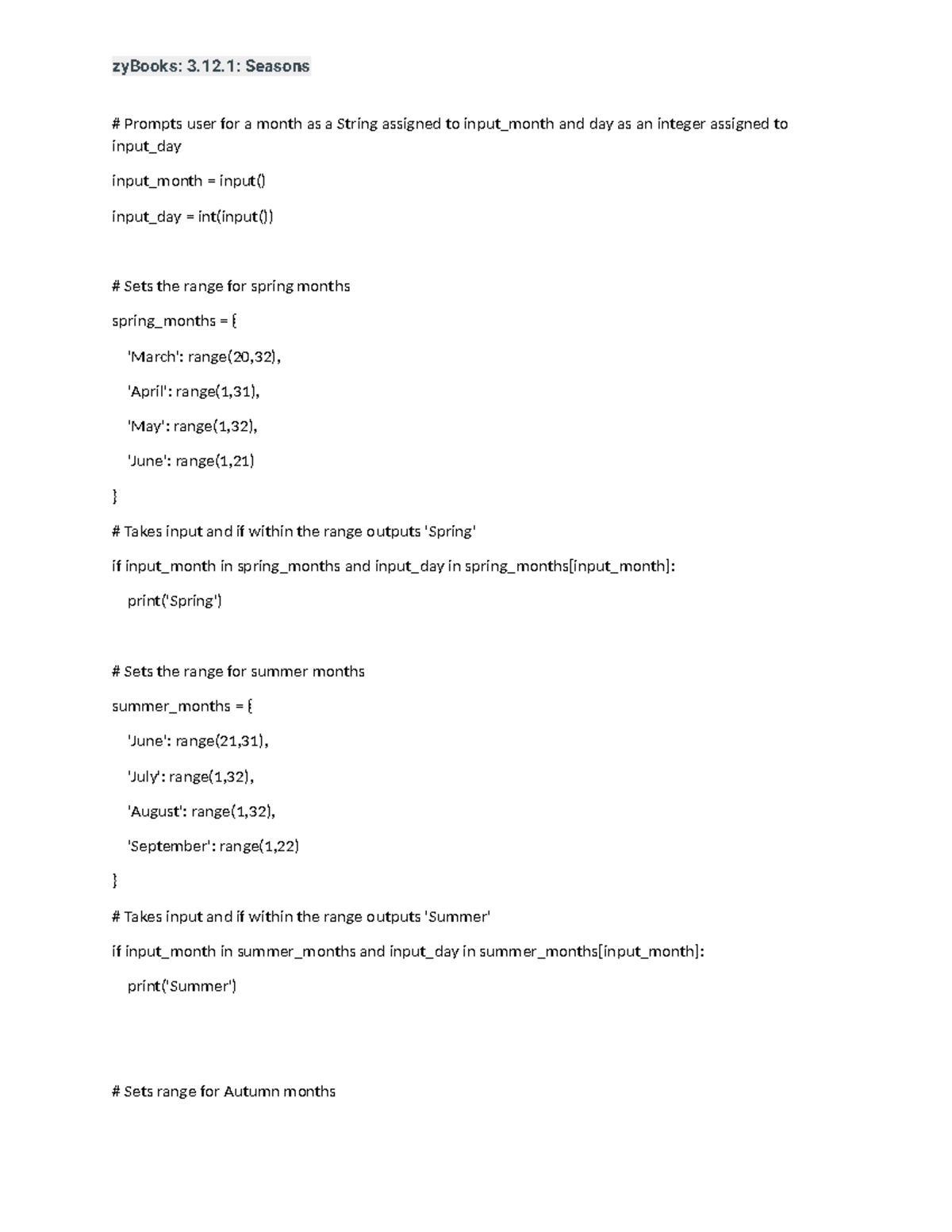 Zy Labs 3.12.1 Seasons - Zylabs - Zybooks: 3.12: Seasons Prompts User 
