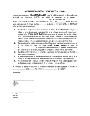 Contrato DE Transacción Y Desistimiento DE Lesiones - CONTRATO DE  TRANSACCIÓN Y DESISTIMIENTO DE - Studocu