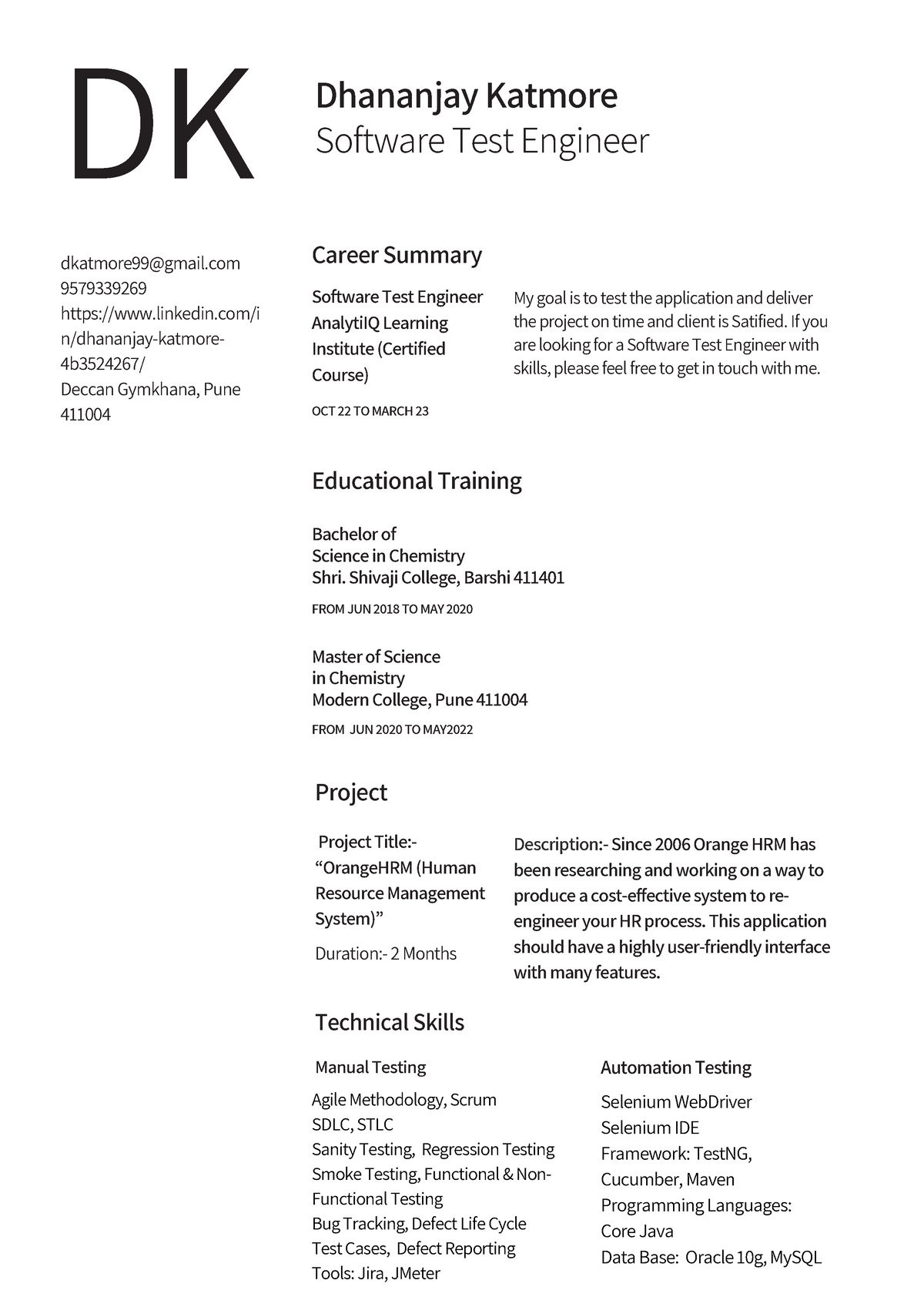 Dhananjay Resume - DK Dhananjay Katmore Software Test Engineer ...