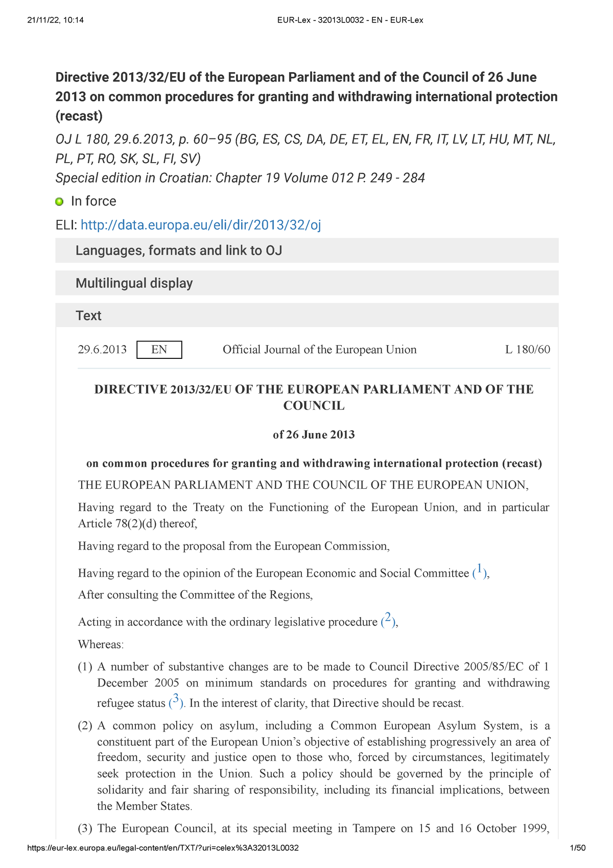 Asylum Procedures Directive - Directive 2013/32/EU Of The European ...