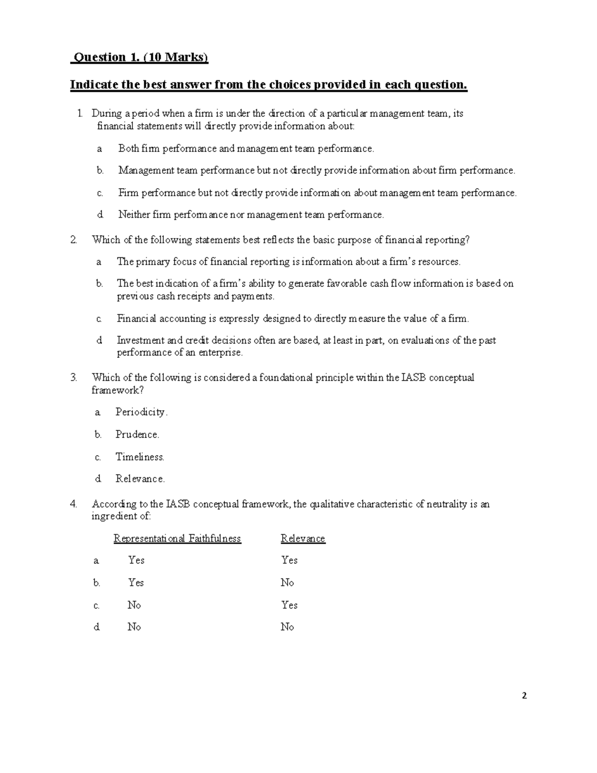Quiz 1a and Solutions CCFC 511 2 Indicate the best answer from the choices provided in each