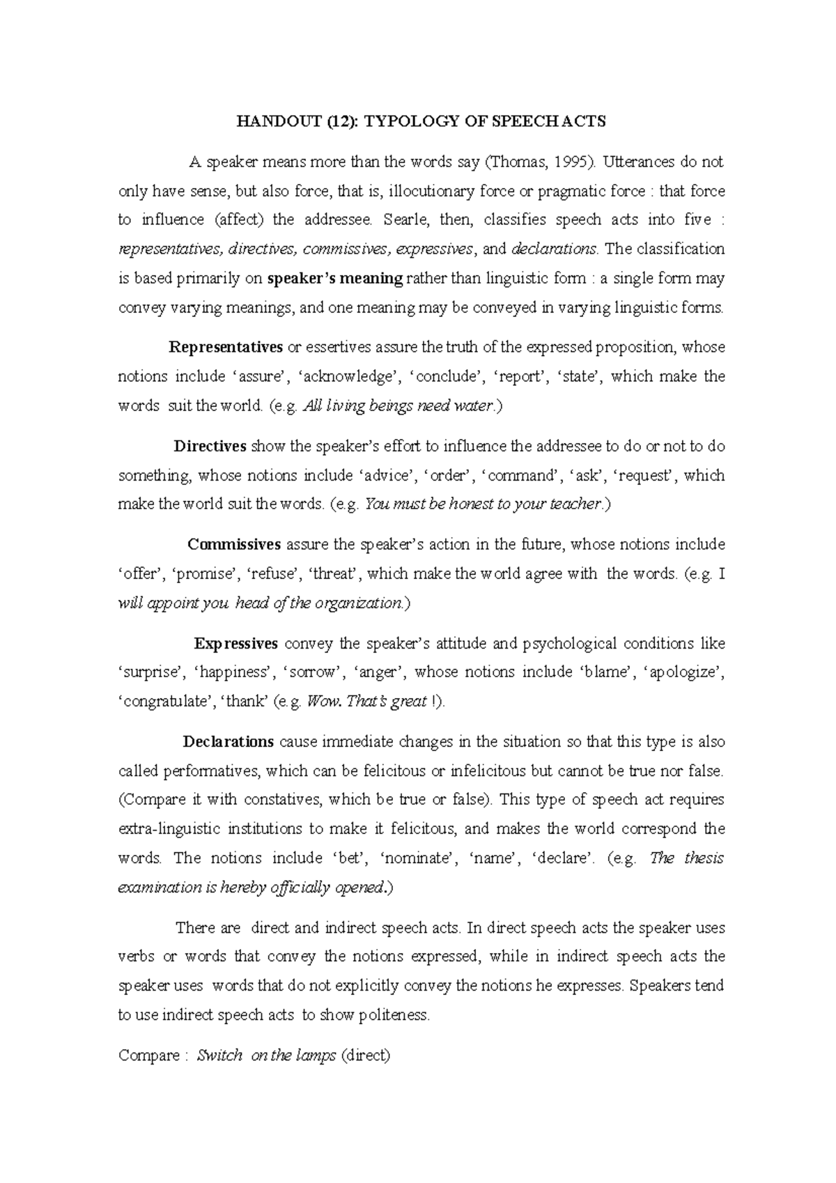 Handout (12) Typology OF Speech ACTS HANDOUT (12) TYPOLOGY OF SPEECH