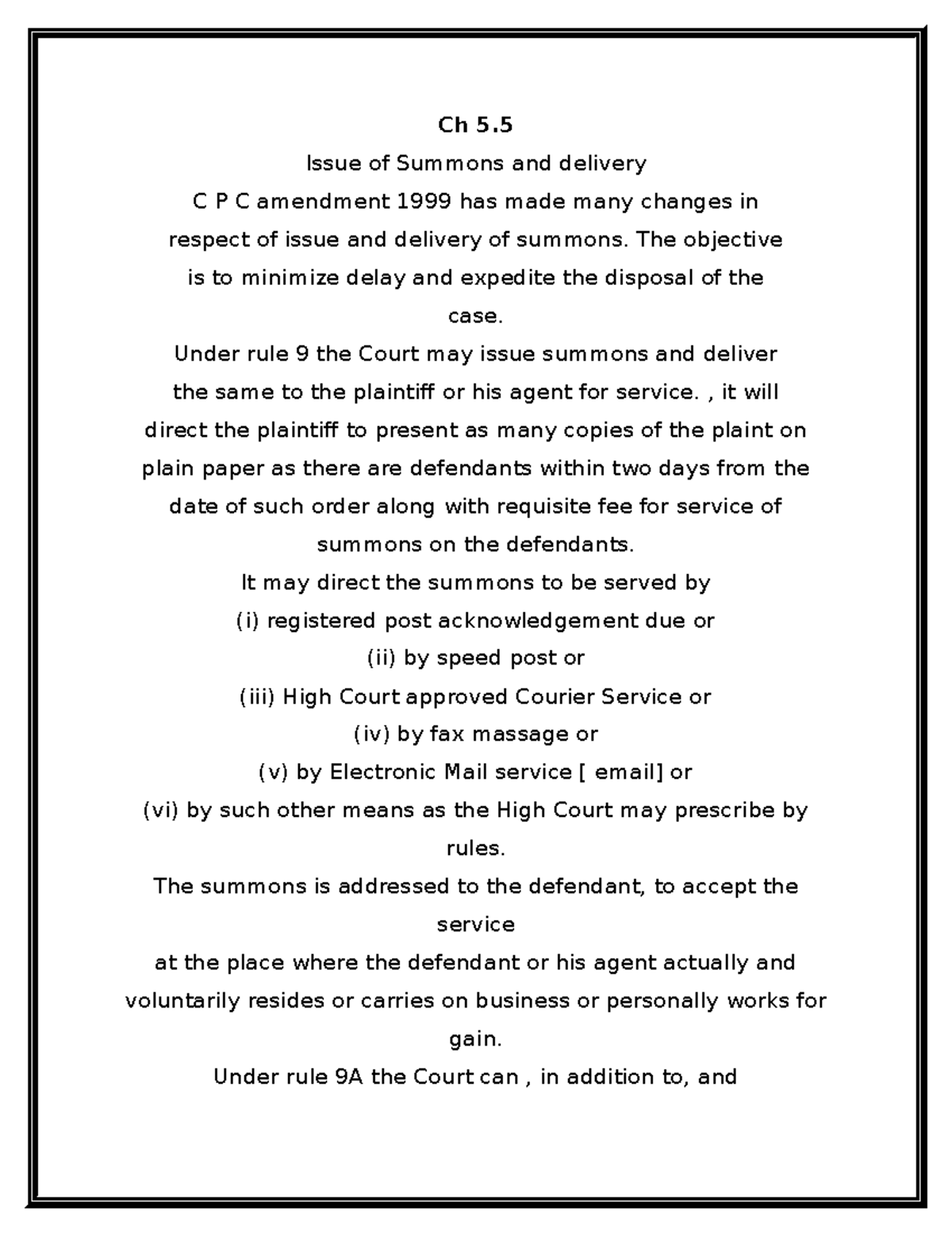 cpc-1b-best-document-for-civil-law-ch-5-issue-of-summons-and-delivery-c-p-c-amendment-1999