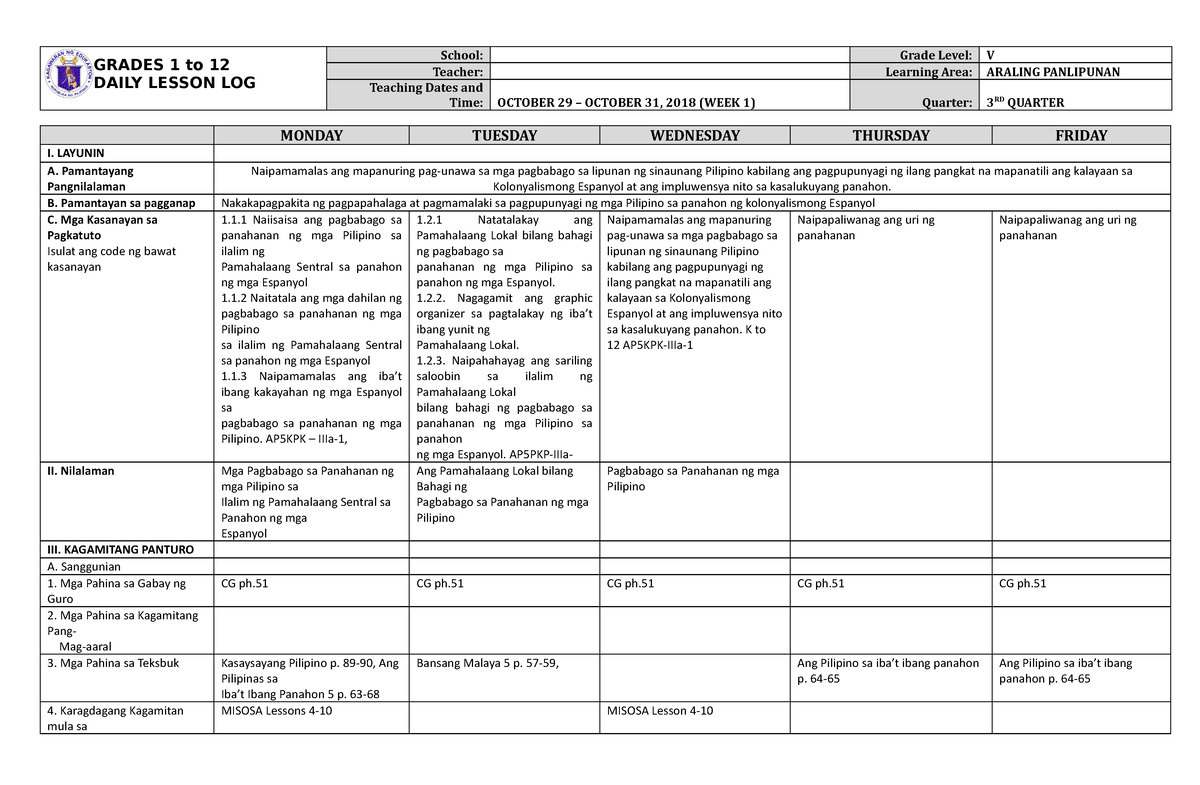 DLL Araling Panlipunan 5 Q3 W1 - GRADES 1 To 12 DAILY LESSON LOG School ...