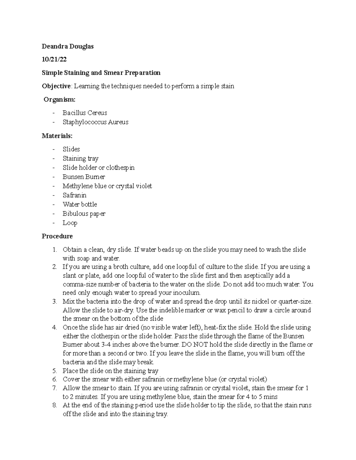 Simple stain lab - Deandra Douglas 10/21/ Simple Staining and Smear ...