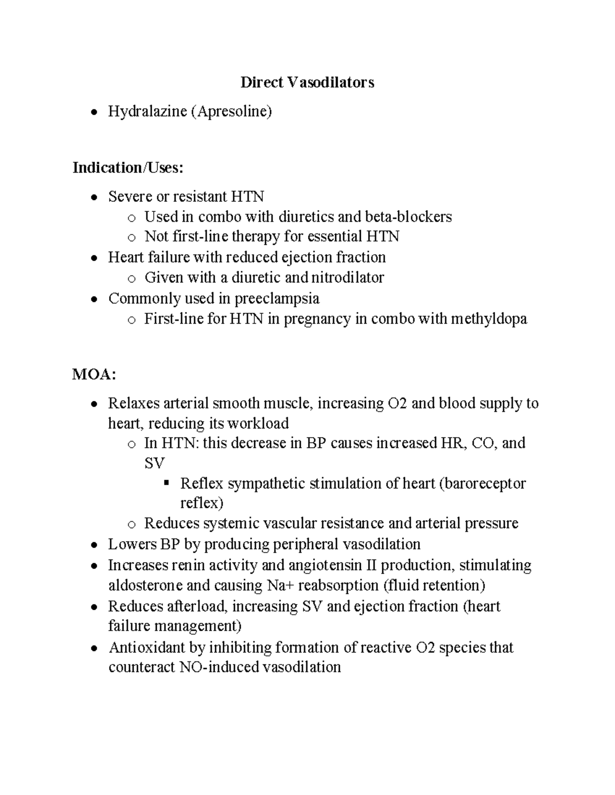 Direct Vasodilators MOA, CI, SE, indications, etc. Direct