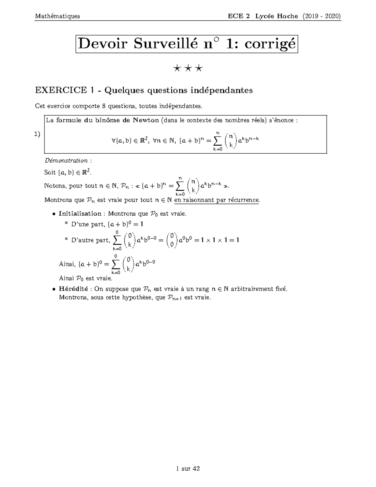 DSn°1 Cor - DS Maths - Devoir Surveill ́e N 1: Corrig ́e ⋆ ⋆ ⋆ EXERCICE ...