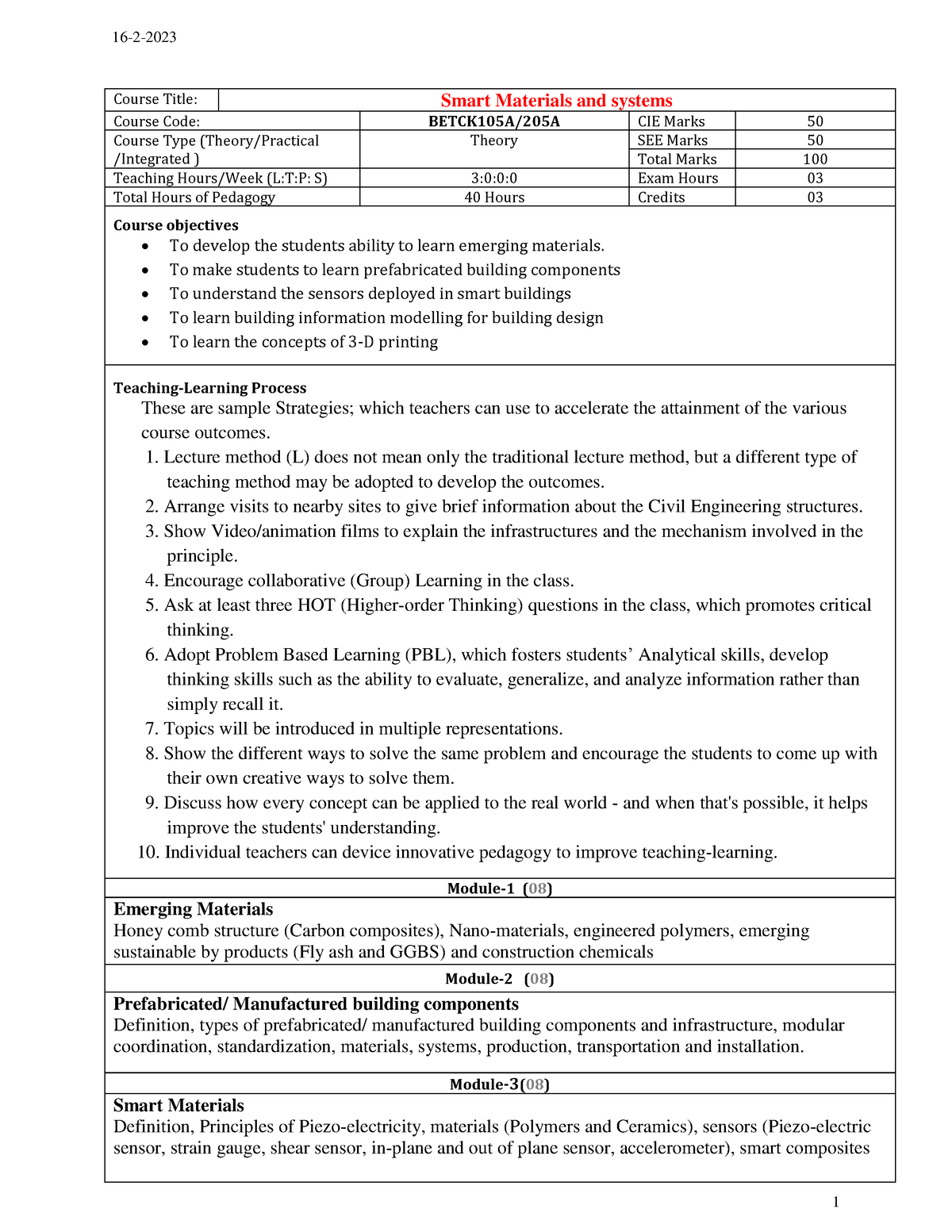 Betck 105A - Smart material - Course Title: Smart Materials and systems ...