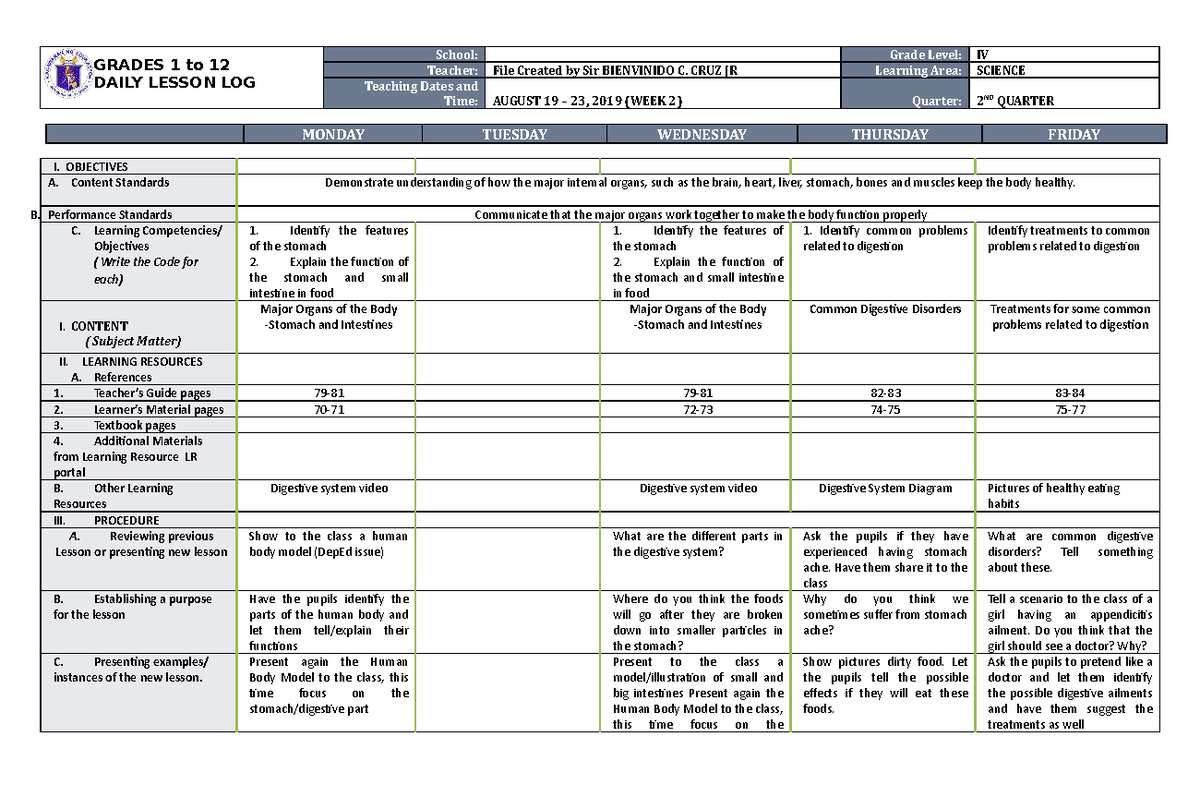 DLL Science 4 Q2 W2 - Helpful material - GRADES 1 to 12 DAILY LESSON ...