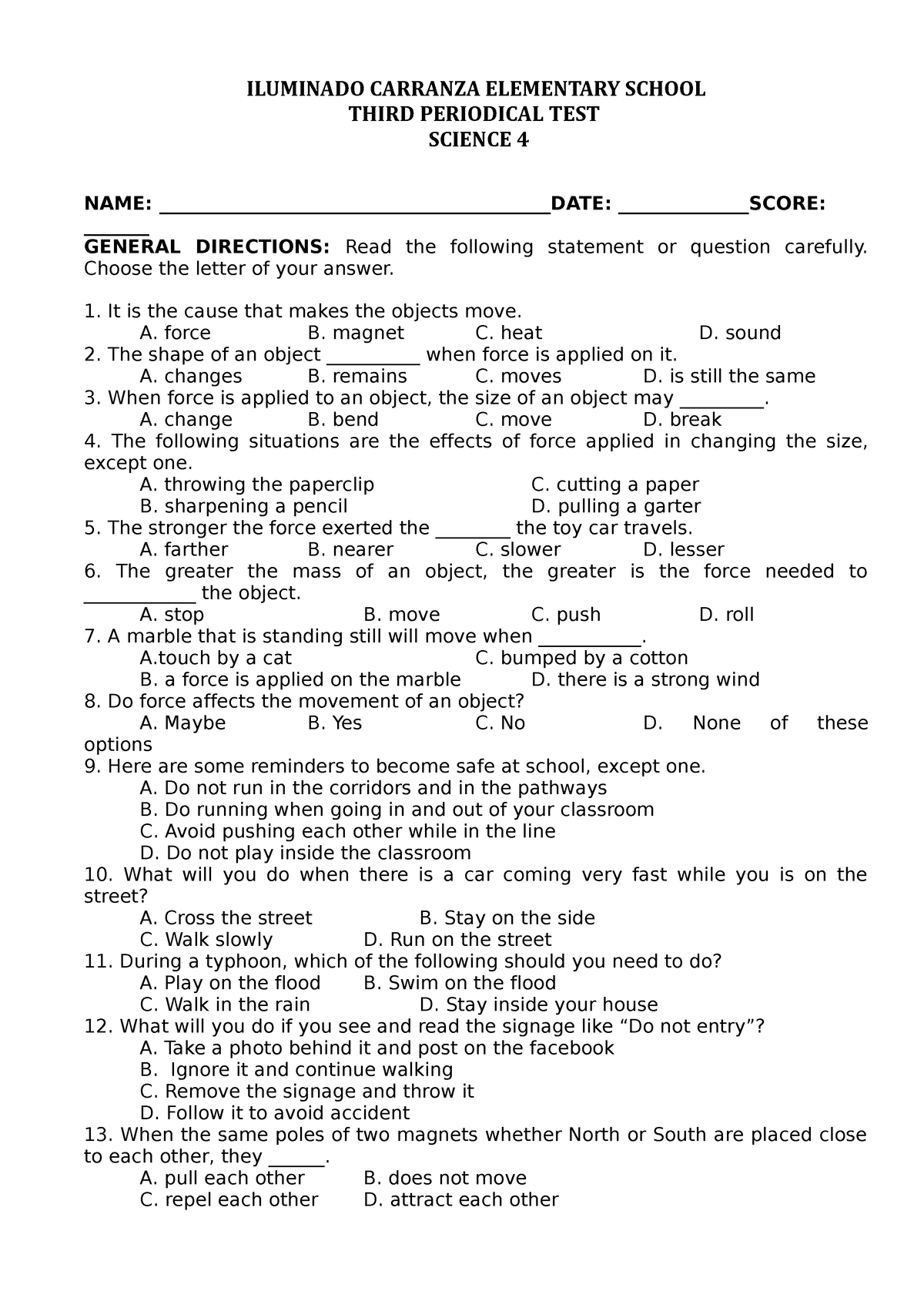 PT Science 4 - ILUMINADO CARRANZA ELEMENTARY SCHOOL THIRD PERIODICAL ...