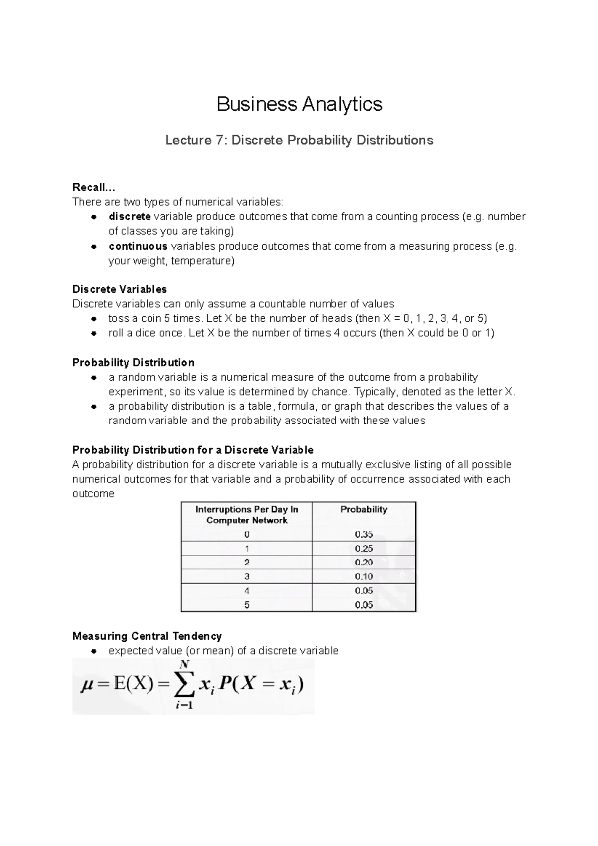 Lecture 7 Discrete Probability Distributions - Business Analytics 