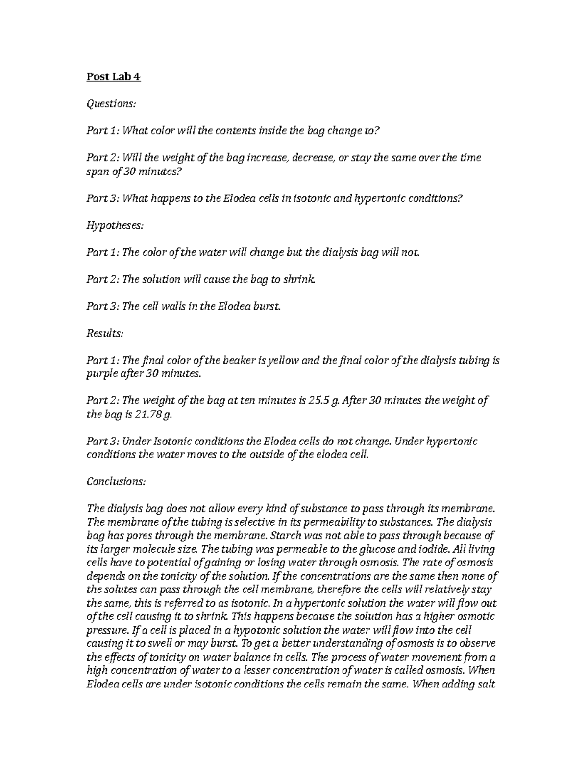 Post Lab 4 Membranes, diffusion, and osmosis Post Lab 4 Questions