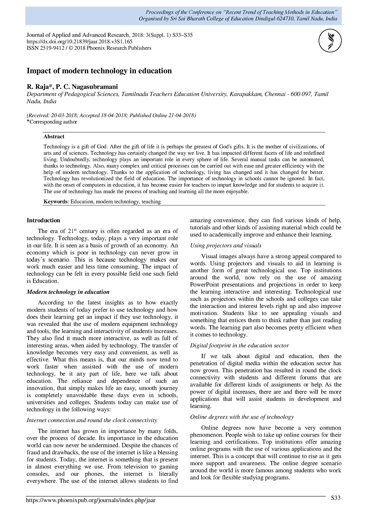 Impact Of Modern Technology In Education - J Appl Adv Res 2018: 3(suppl 