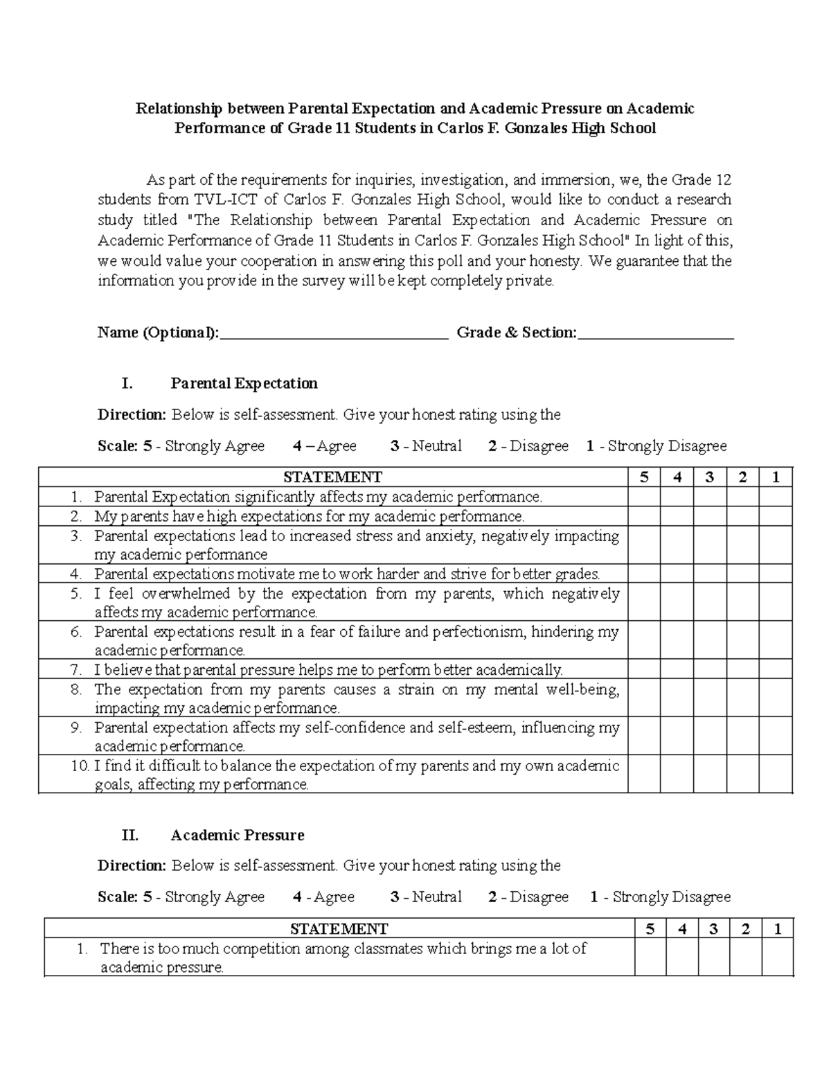 Questionaire G2 ICT final - Relationship between Parental Expectation ...