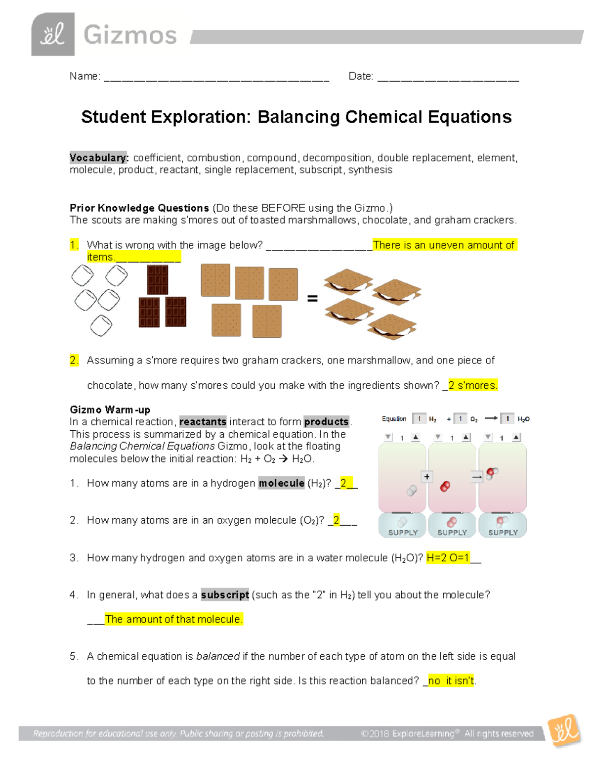 Gizmo Balancing Chemistry Equations answer sheet - 2018 Name