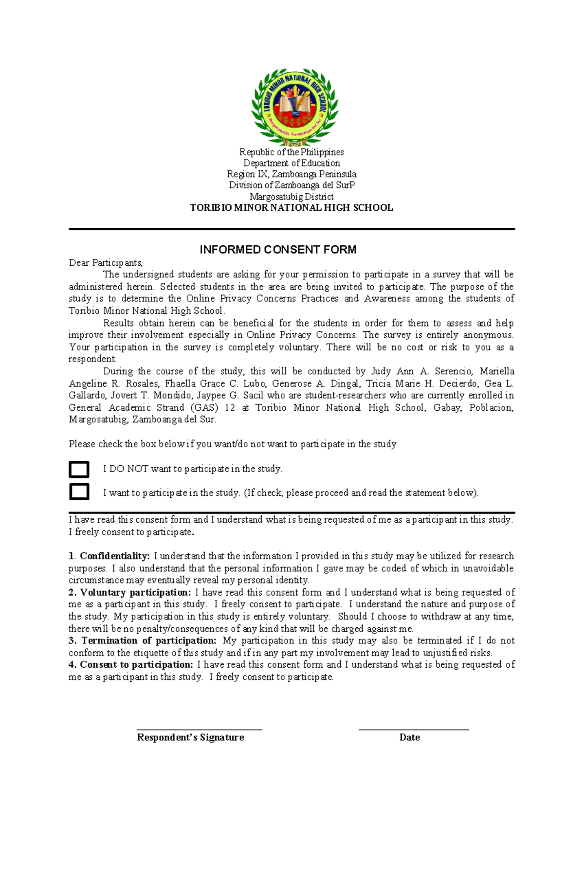 Final Informed Consent Form - Republic of the Philippines Department of ...