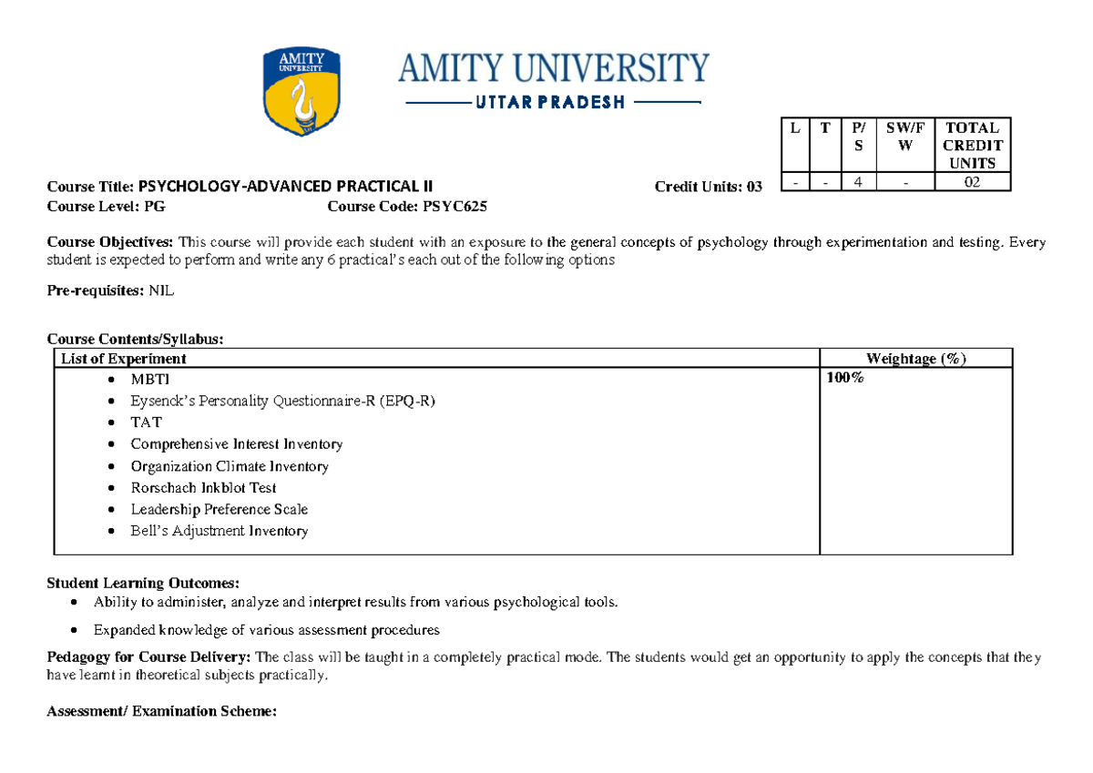 Practical - II Syllabus Amity - Course Title: PSYCHOLOGY-ADVANCED ...