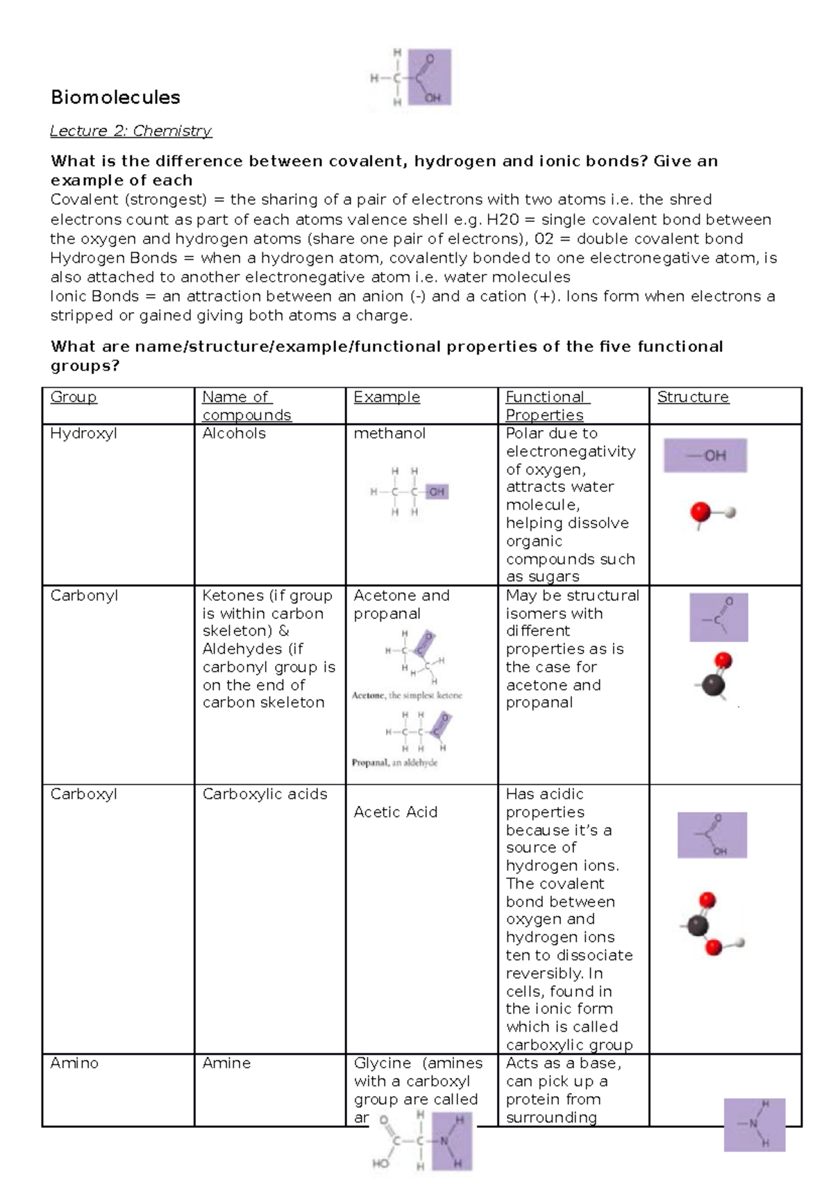 Summary - Biomolecules Exam Study - Biomolecules Lecture 2: Chemistry ...