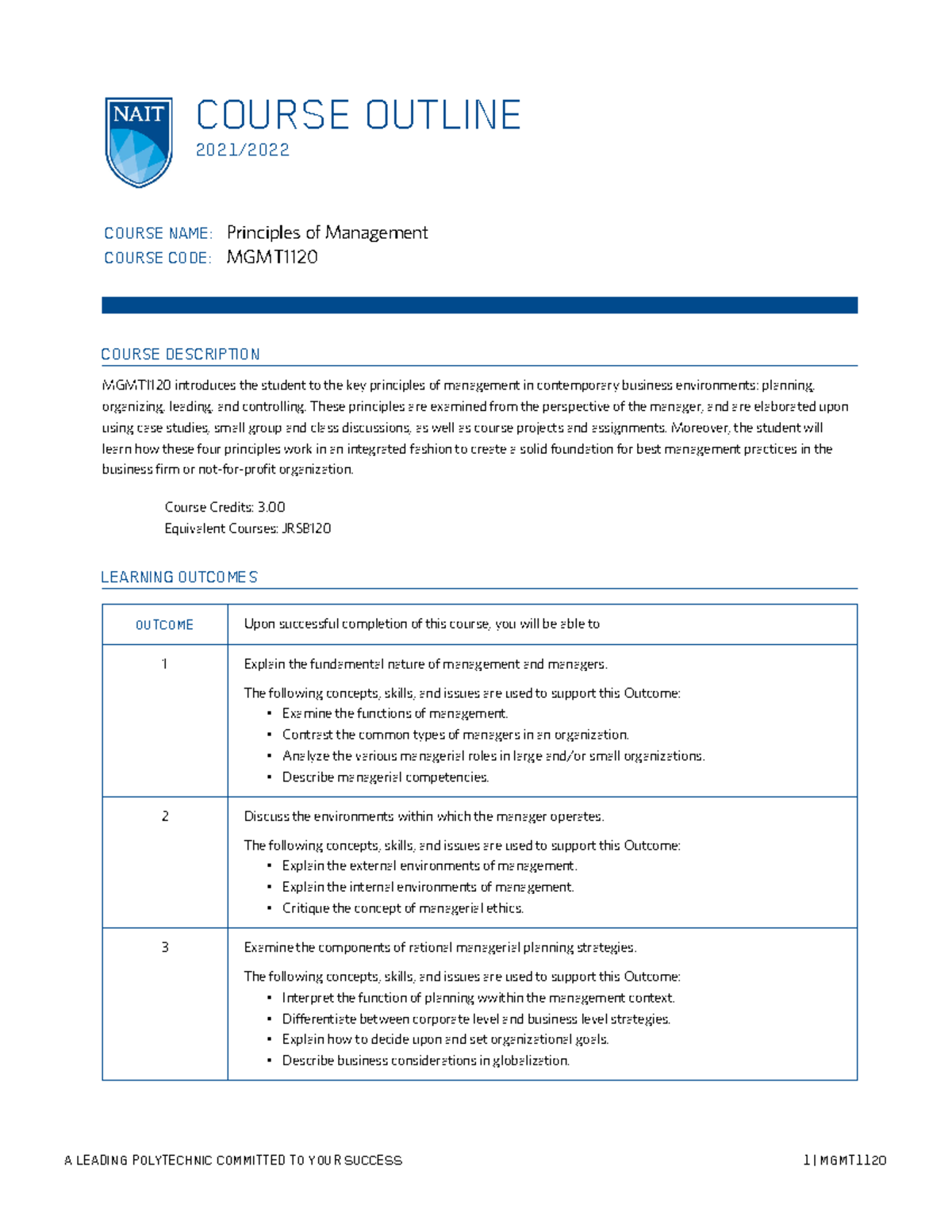 Course Outline MGMT1120 - 2021 - COURSE OUTLINE 2021/ COURSE NAME ...