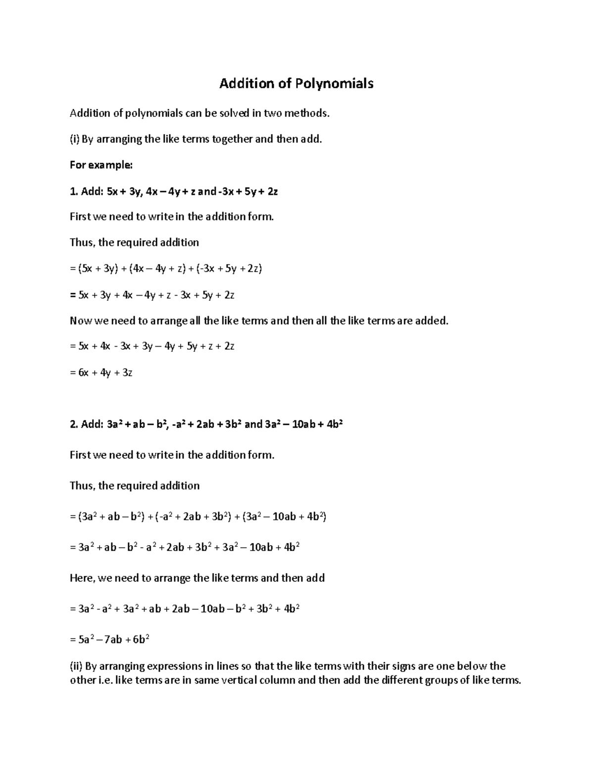 Addition of Polynomials - Addition of Polynomials Addition of ...