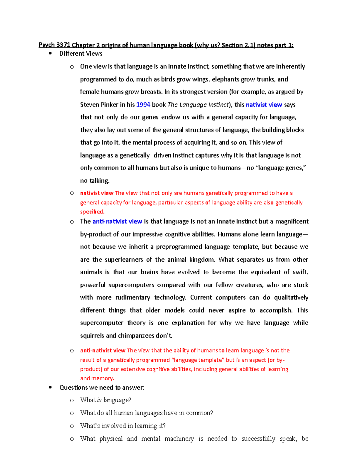 Psych 3371Chapter 2 origins of human language book notes part 1 Psych