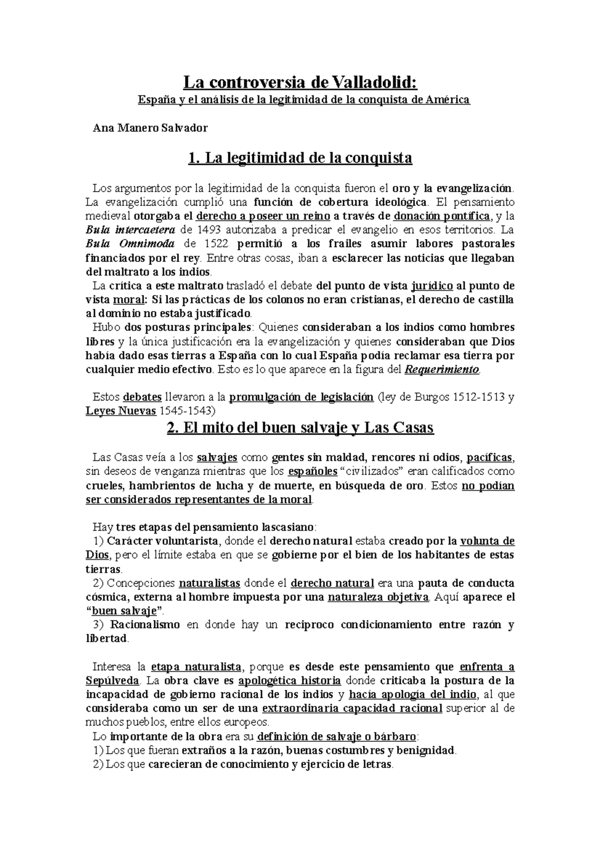 Ana Manero Salvador Resumen La Controversia De Valladolid Espana Y El Analisis De La Legitimidad Studocu