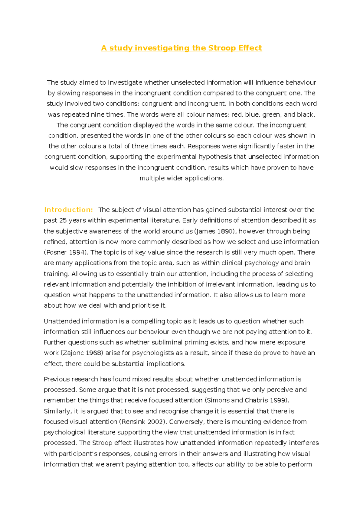 Lab report - Lecture notes 1 - A study investigating the Stroop Effect ...