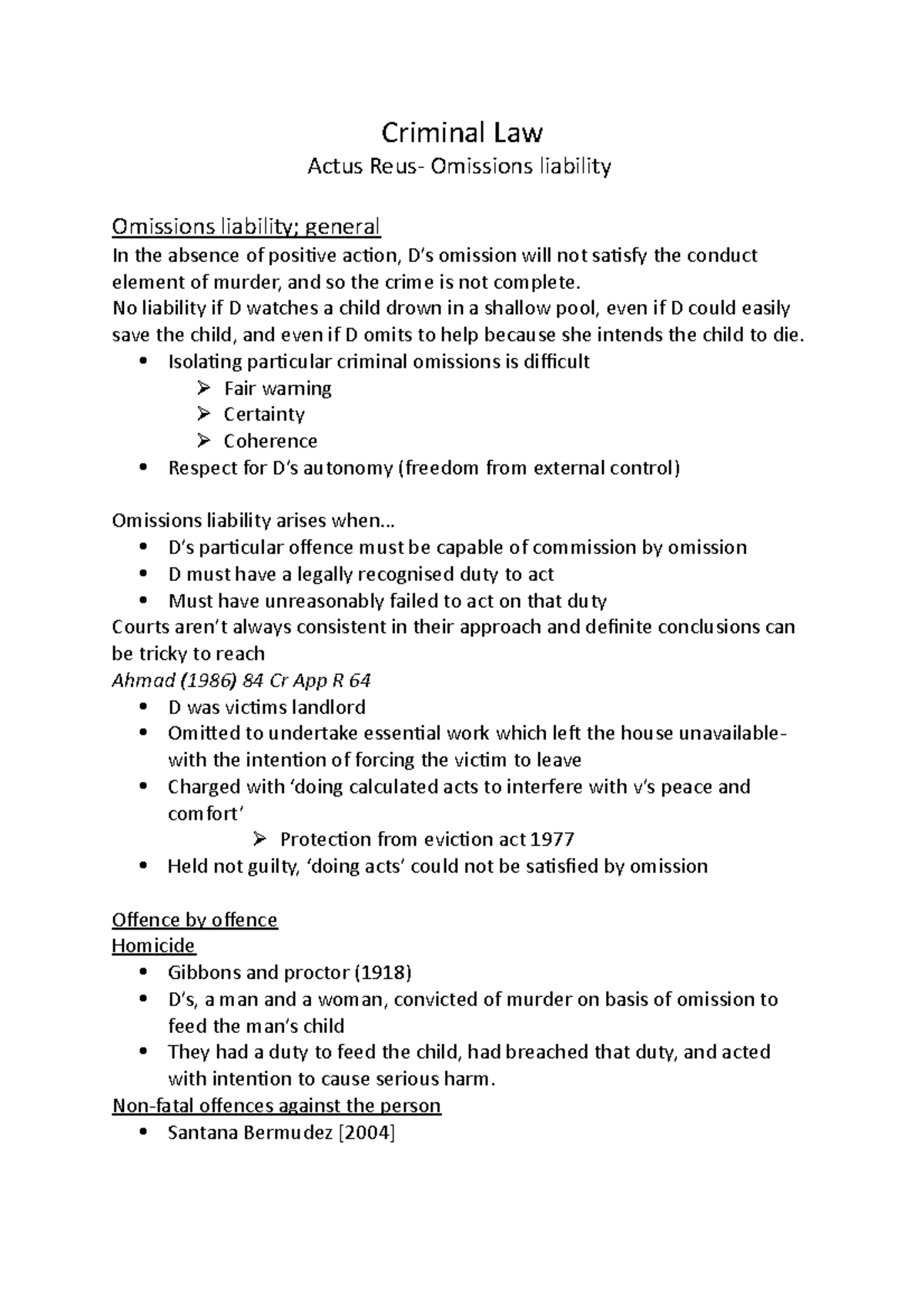 Criminal- Omissions - Lecture notes 1 - Criminal Law Actus Reus ...