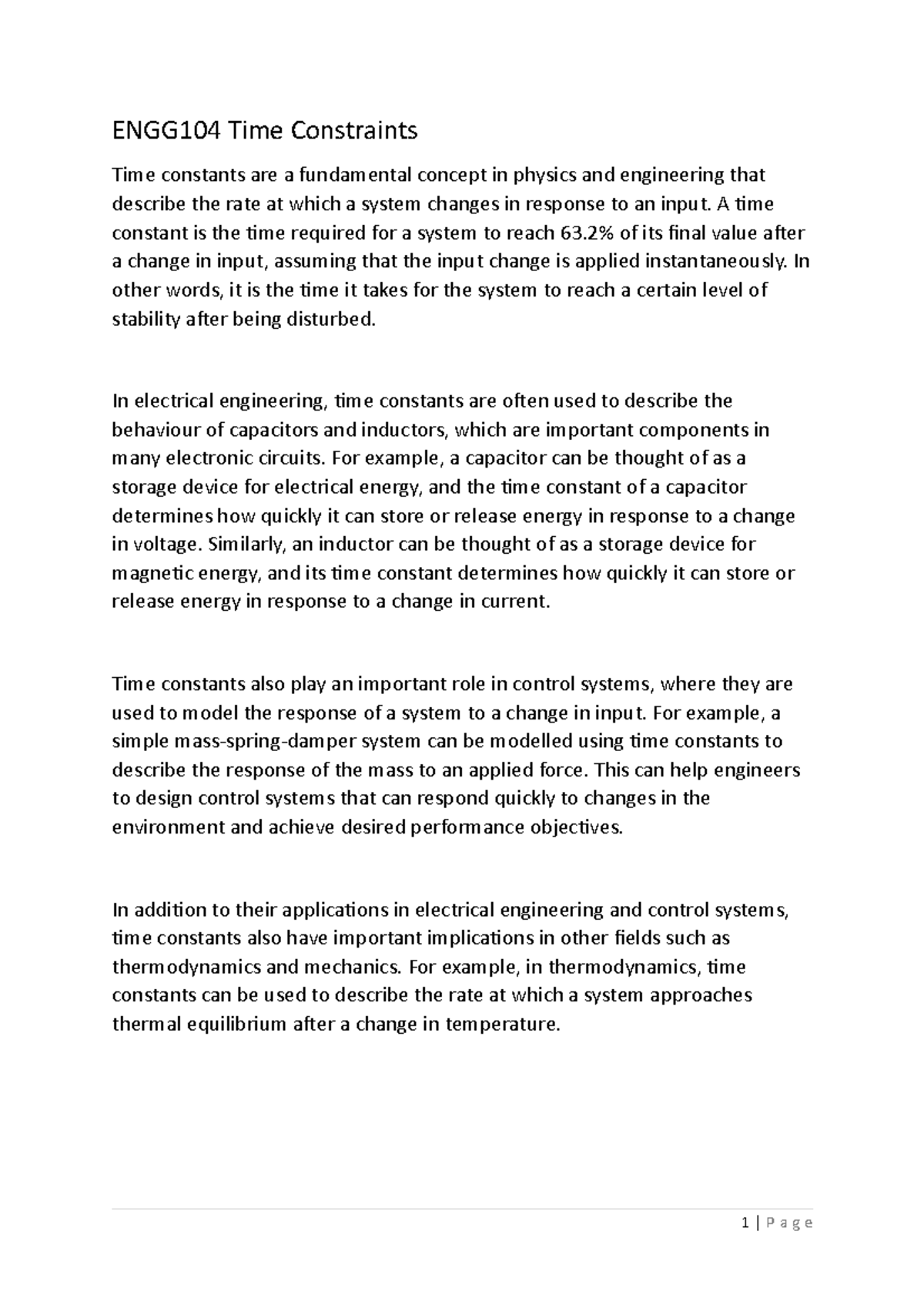 ENGG104 Time Constraints - A time constant is the time required for a ...