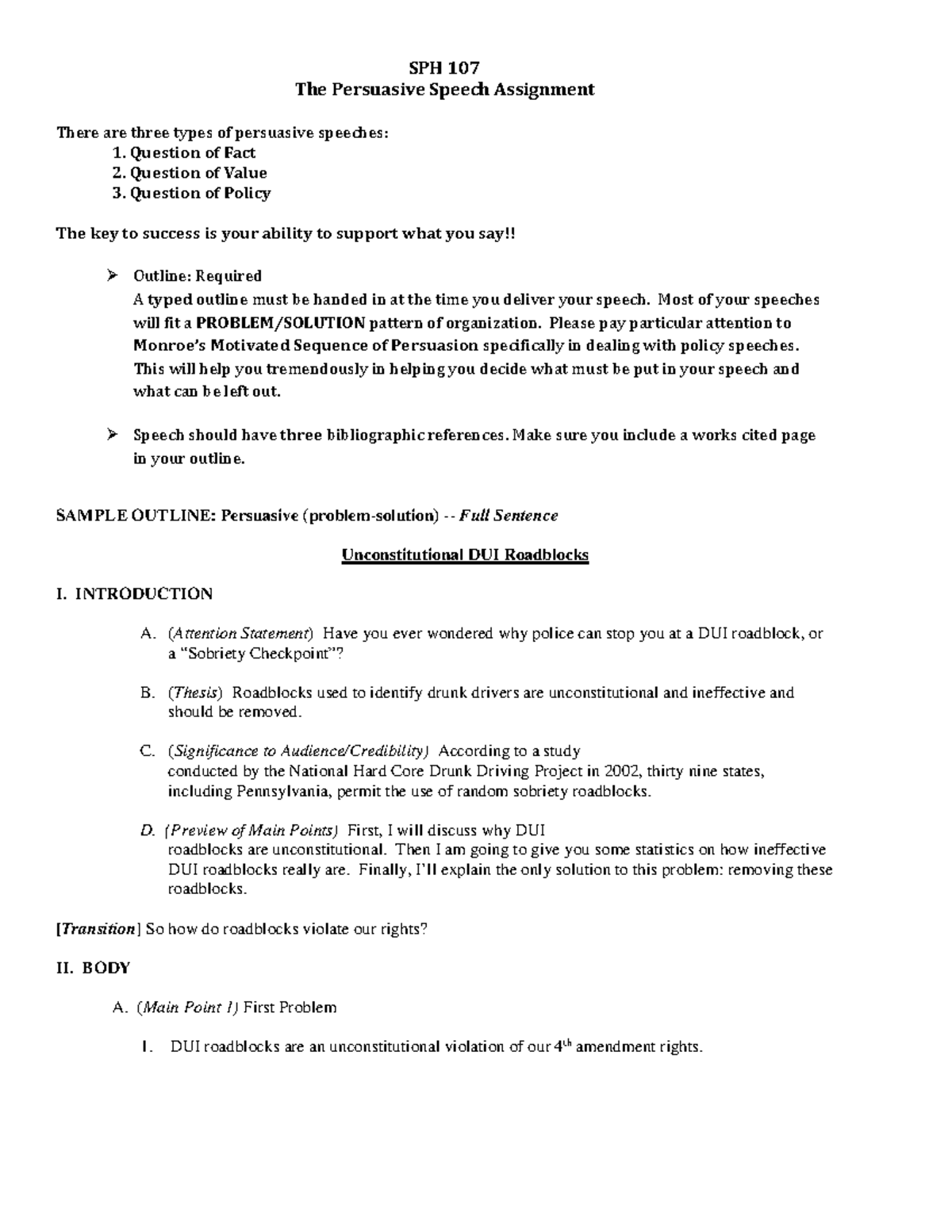 Speech Persuasive SPH 107 The Persuasive Speech Assignment There are