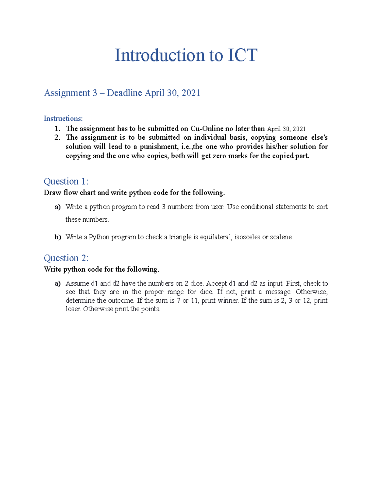 Assignment 3 Sp21 Ict Introduction To Ict Assignment 3 Deadline April 30 2021 Instructions Assignment 3 Sp21 Ict Introduction To Ict Assignment 3 Deadline April 30 2021 Instructions