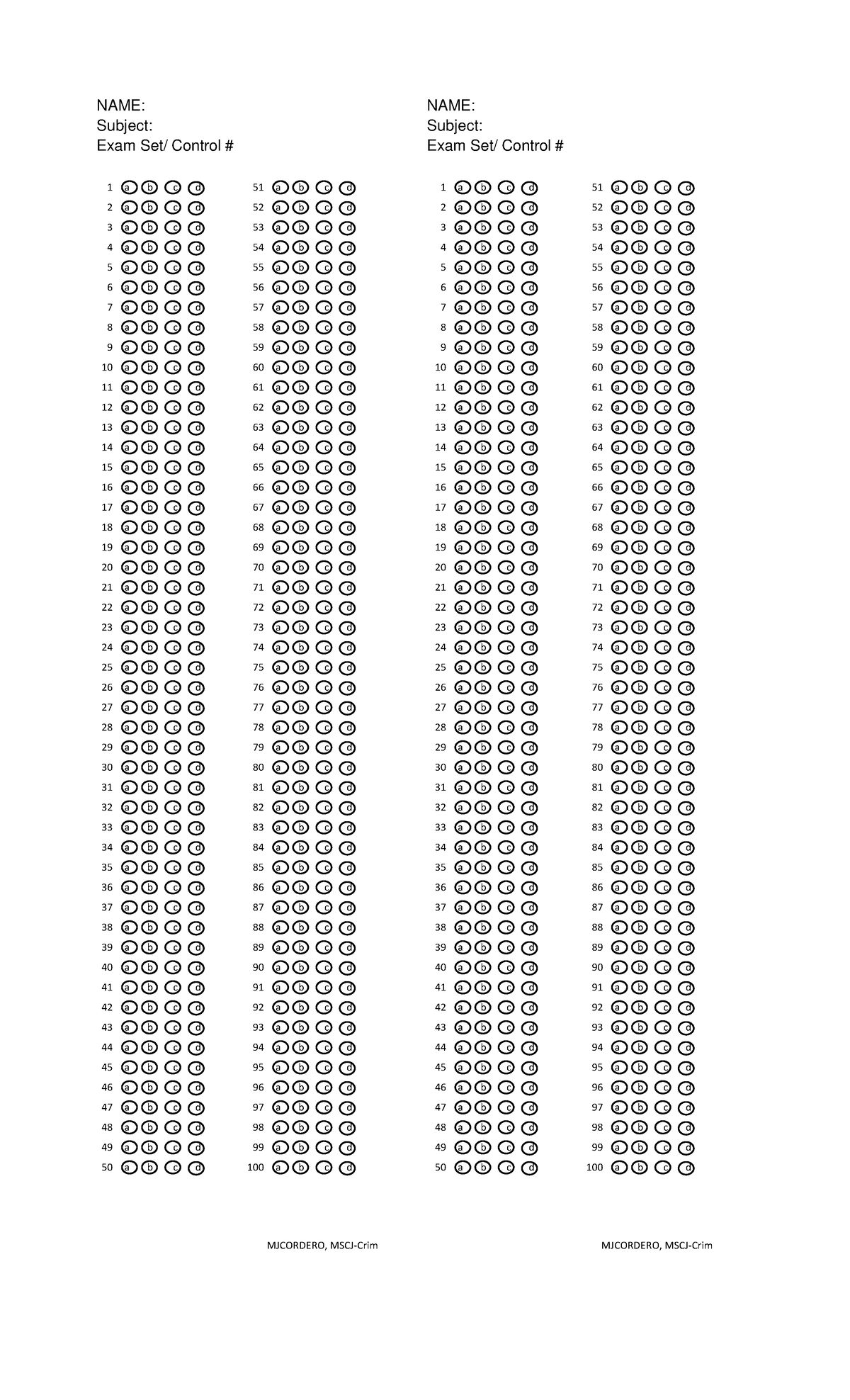 Answer-sheet-Shading - NAME: NAME: Subject: Subject: Exam Set/ Control ...