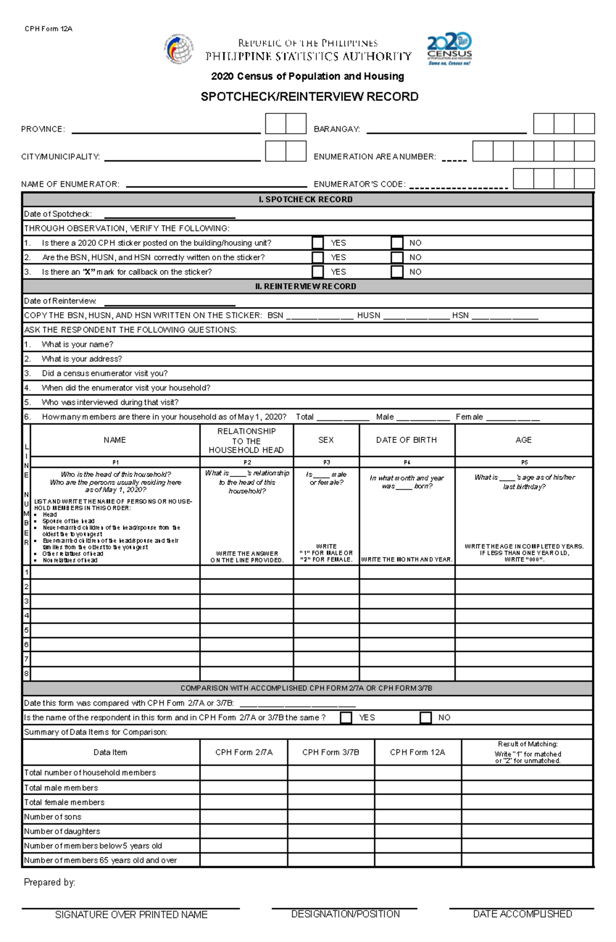 CPH Form 12A Spotcheck, Reinterview Record - CPH Form 12A 2020 Census ...