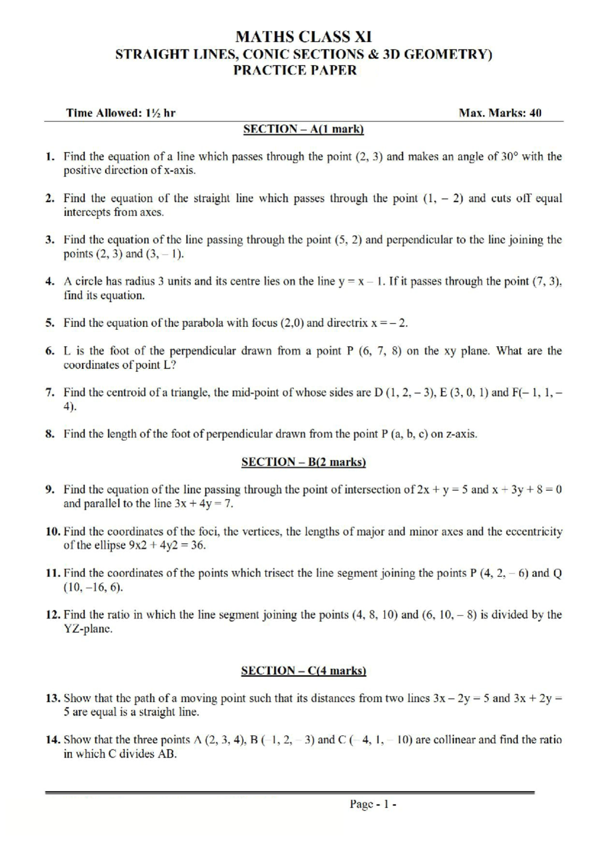 Maths practice paper - This test is basec on straight lines concic ...