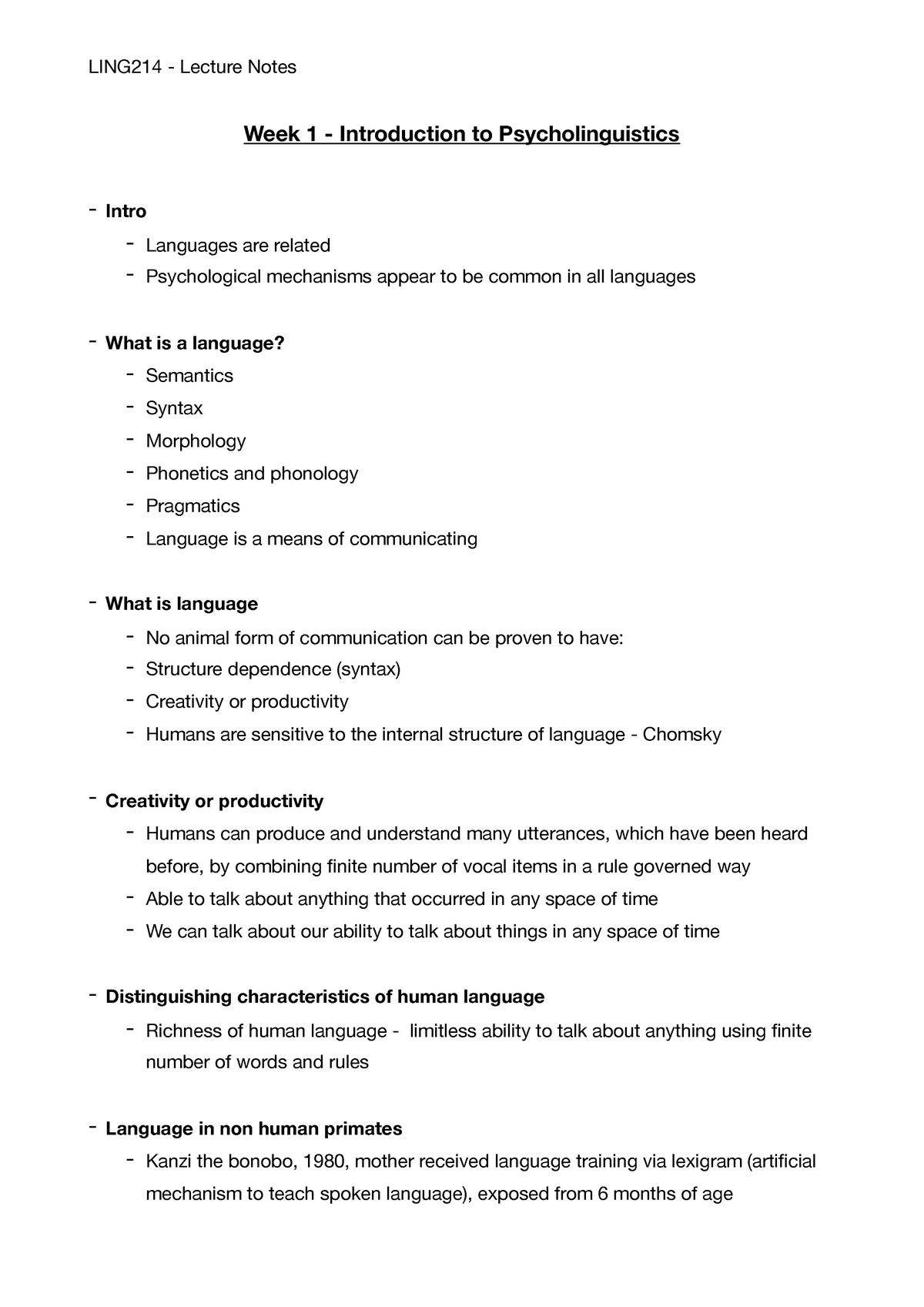 LING214 - Lecture Notes - Week 1 - Introduction To Psycholinguistics ...